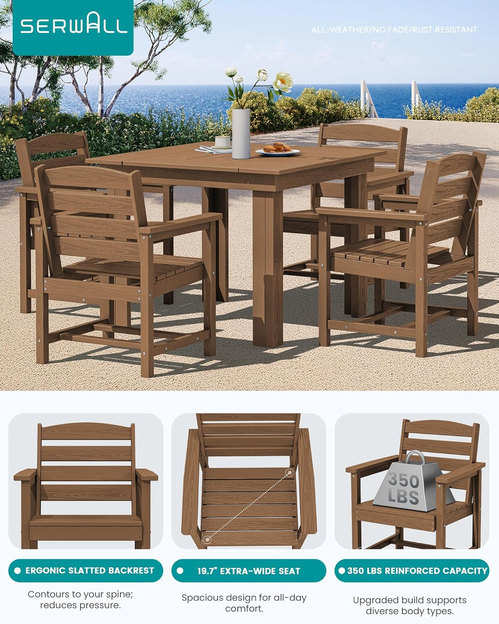 SERWALL Outdoor Dining Set for 4, HDPE Square Table and Chairs Set All Weather Patio Dining Set with 4 Classic Dining Chairs, 5-Piece Patio Dining Furniture for Deck, Brown
