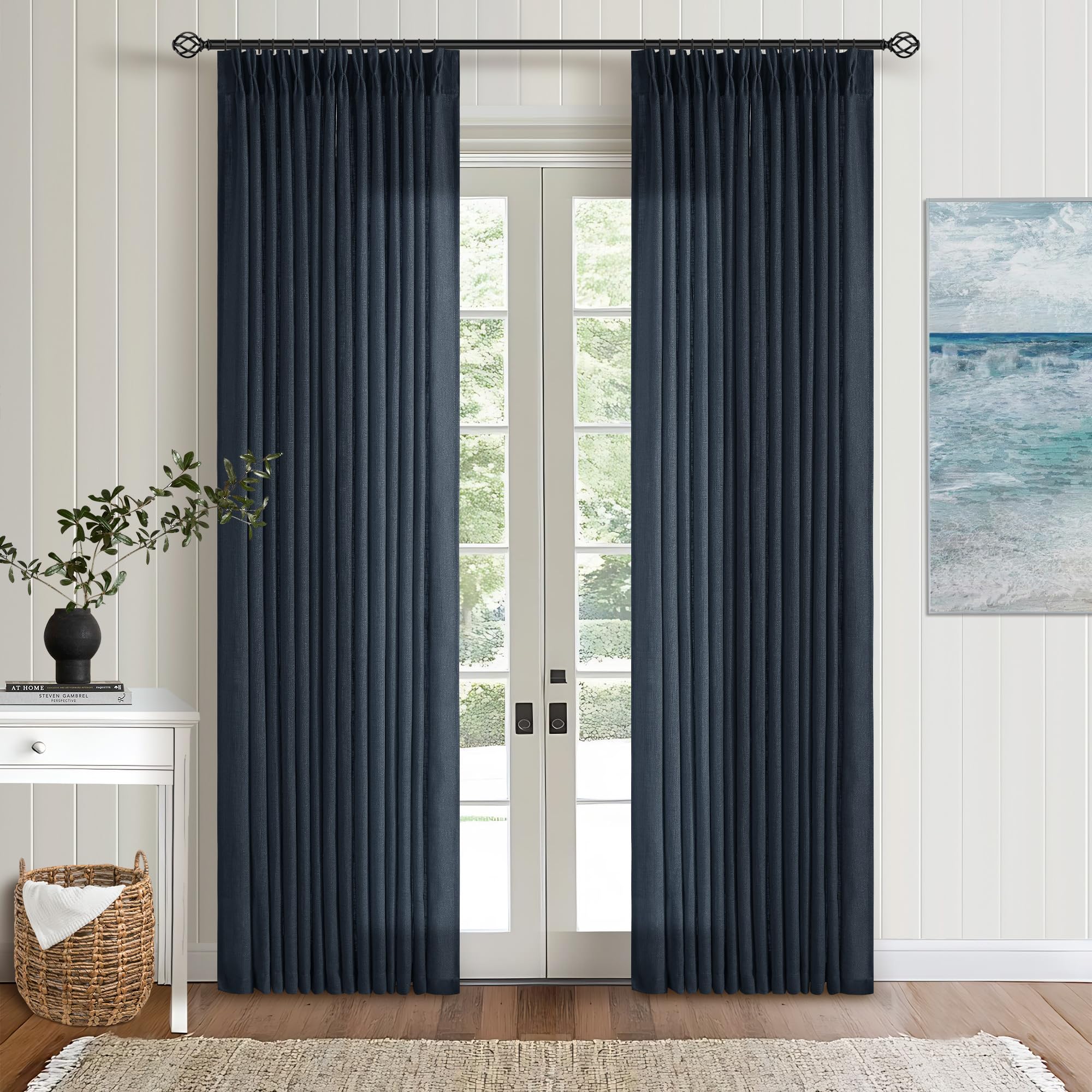 Pinch Pleated Linen Curtains 108 Inches Long for Living Room 2 Panels Set Cream Ivory Flax Double Pleated Drapes Back Tab Neutral Boho Ceiling Floor 108 Inch Window Curtains Bedroom Natural Birch