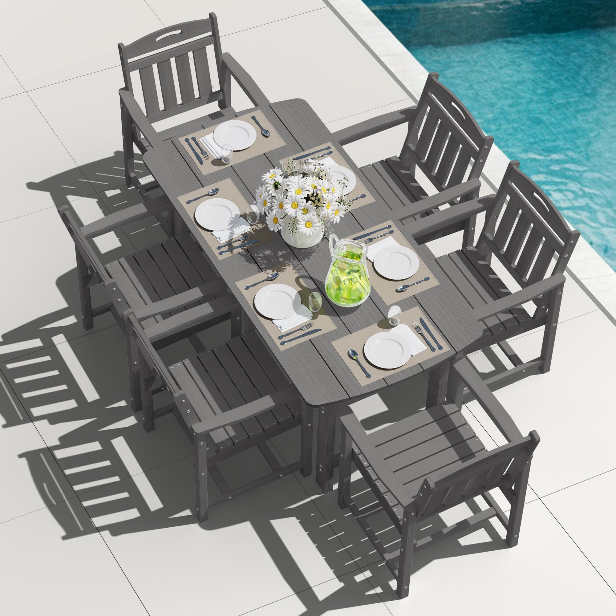 HDPE Outdoor Dining Set, Patio Table and Chairs Set, All-Weather 7-Piece Outside Table and 6 Chairs, 2" Umbrella Hole, Outdoor Furniture for Garden, Poolside, Backyard, Deck | Black