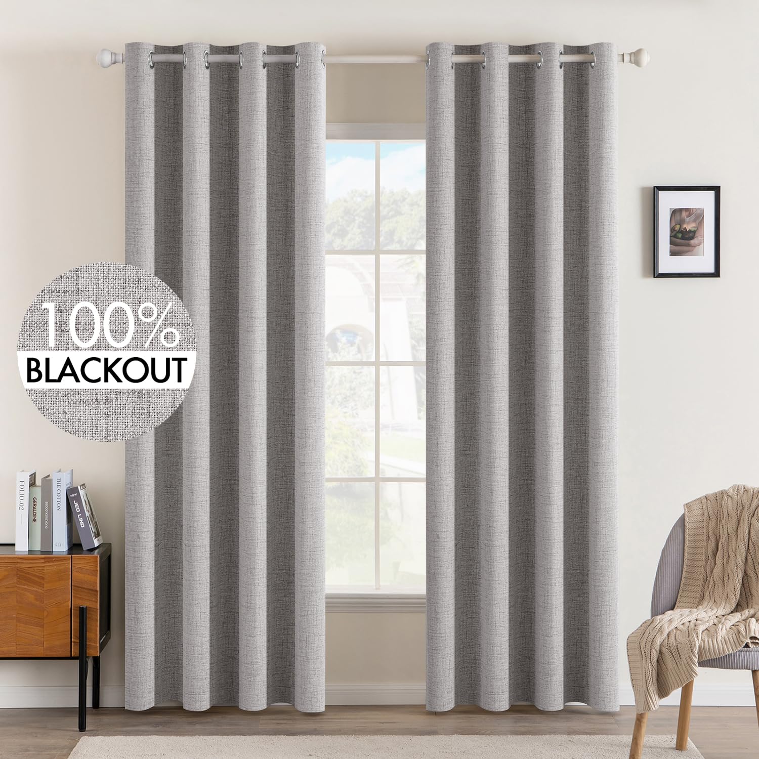 MIULEE 100% Blackout Linen Textured Curtains for Bedroom Solid Thermal Insulated Natural Beige Grommet Room Darkening Curtains & Drapes Luxury Decor for Living Room Nursery 52 x 96 Inch (2 Panels)