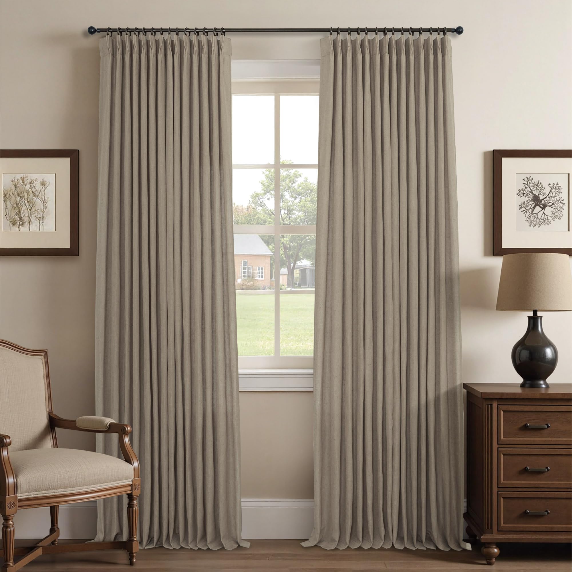 Natural Pinch Pleated Linen Cream Curtains 84 Inch Length 2 Panels for Living Room Bedroom Ivory Semi Sheer Light Filtering Modern Farmhouse Boho Neutral Rustic Long Drapes Back Tab Pleat Hooks Rings