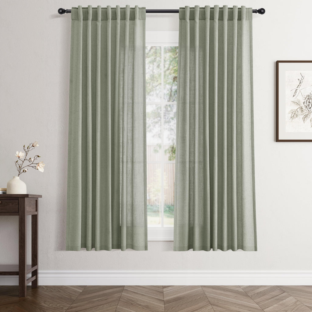 Flax Linen Beige Curtains 96 inches Long 2 Panel for Living Room Back Tab Pocket Drapes Semi Sheer Privacy Khaki Window Curtain Country Rustic Farmhouse Cloth Curtain for Dinning Room Tan