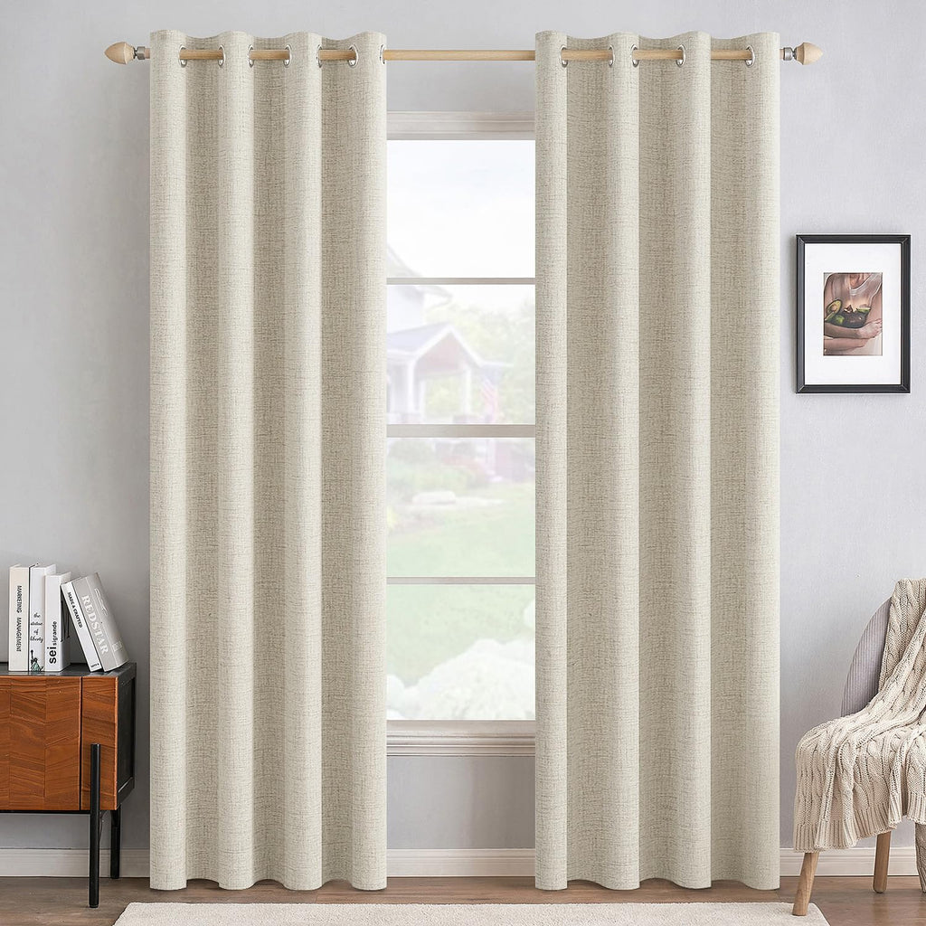 MIULEE 100% Blackout Linen Textured Curtains for Bedroom Solid Thermal Insulated Natural Beige Grommet Room Darkening Curtains & Drapes Luxury Decor for Living Room Nursery 52 x 96 Inch (2 Panels)