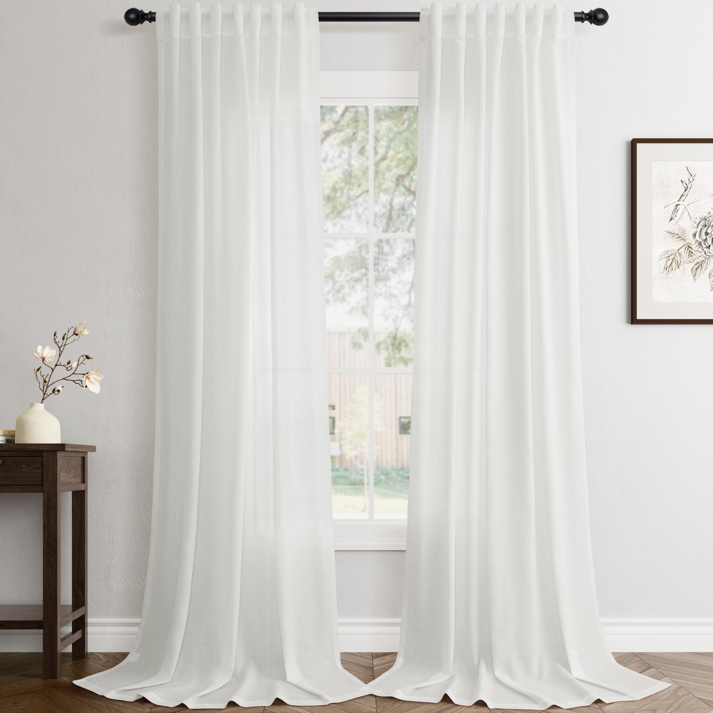 Flax Linen Beige Curtains 96 inches Long 2 Panel for Living Room Back Tab Pocket Drapes Semi Sheer Privacy Khaki Window Curtain Country Rustic Farmhouse Cloth Curtain for Dinning Room Tan