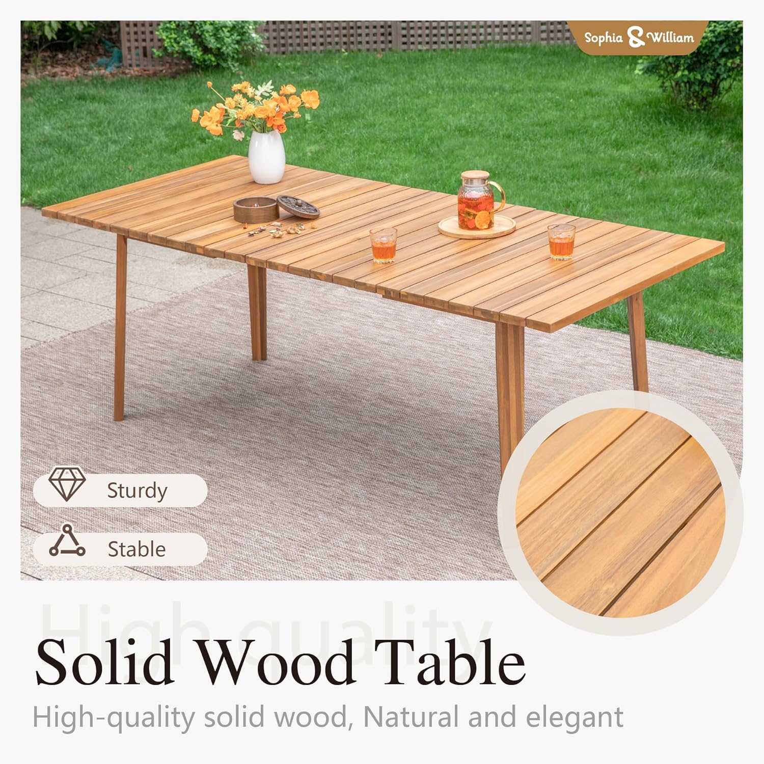 Sophia & William Outdoor Dining Set, Patio Furniture Set with Table and Chairs Set Wooden, Rattan Furniture Set of 8 Chairs and 1 Acacia Wood Rectangular Table for Yard, Garden, Porch and Poolside