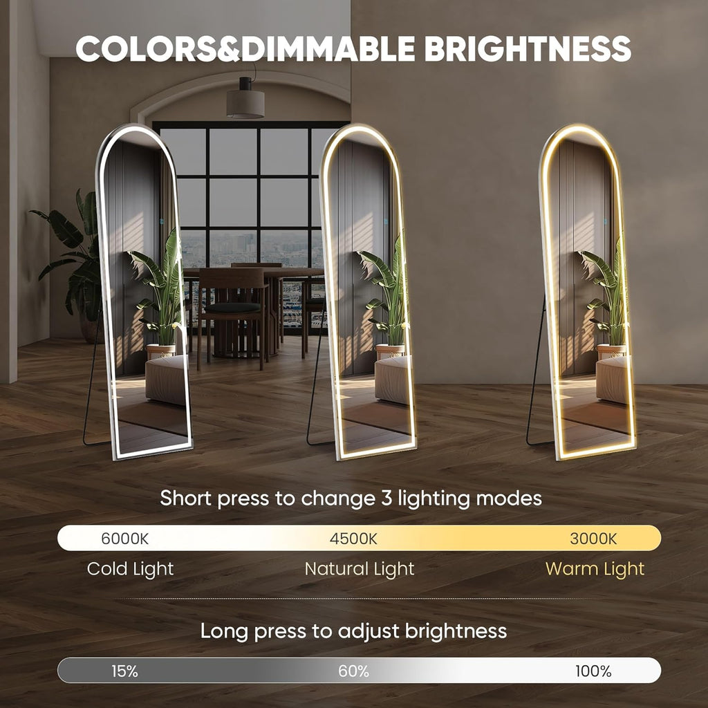 DUMOS Arched LED Mirror Full Length with Stand, 16"x60" Full Body Wall Mirror with LED Lights 3 Color Lighting, Hanging or Leaning, Floor Standing, Modern Simple Home Wall Decor