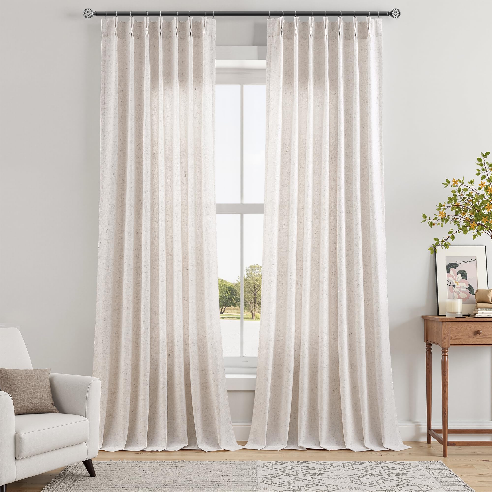 Extra Long Linen Curtains 108 Inch for Living Room Cream Pinch Pleated 9 FT Drapes Semi Sheer Ceiling to Floor Curtain for Bedroom Back Tab Flax Neutral Boho Decor Window, Natural Beige Ivory 2 Panels