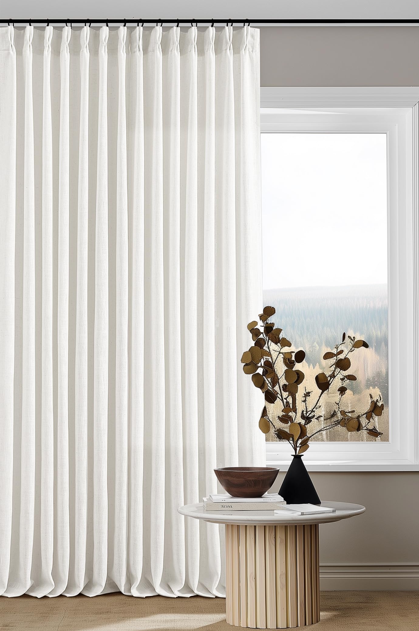 Pinch Pleated Linen Curtains 108 Inches Long for Living Room 2 Panels Set Cream Ivory Flax Double Pleated Drapes Back Tab Neutral Boho Ceiling Floor 108 Inch Window Curtains Bedroom Natural Birch