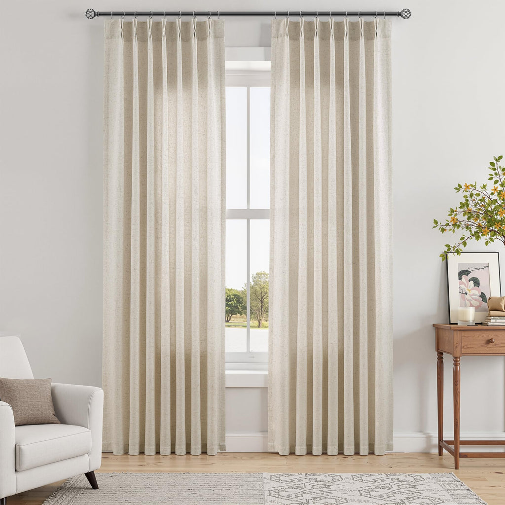 Extra Long Linen Curtains 108 Inch for Living Room Cream Pinch Pleated 9 FT Drapes Semi Sheer Ceiling to Floor Curtain for Bedroom Back Tab Flax Neutral Boho Decor Window, Natural Beige Ivory 2 Panels