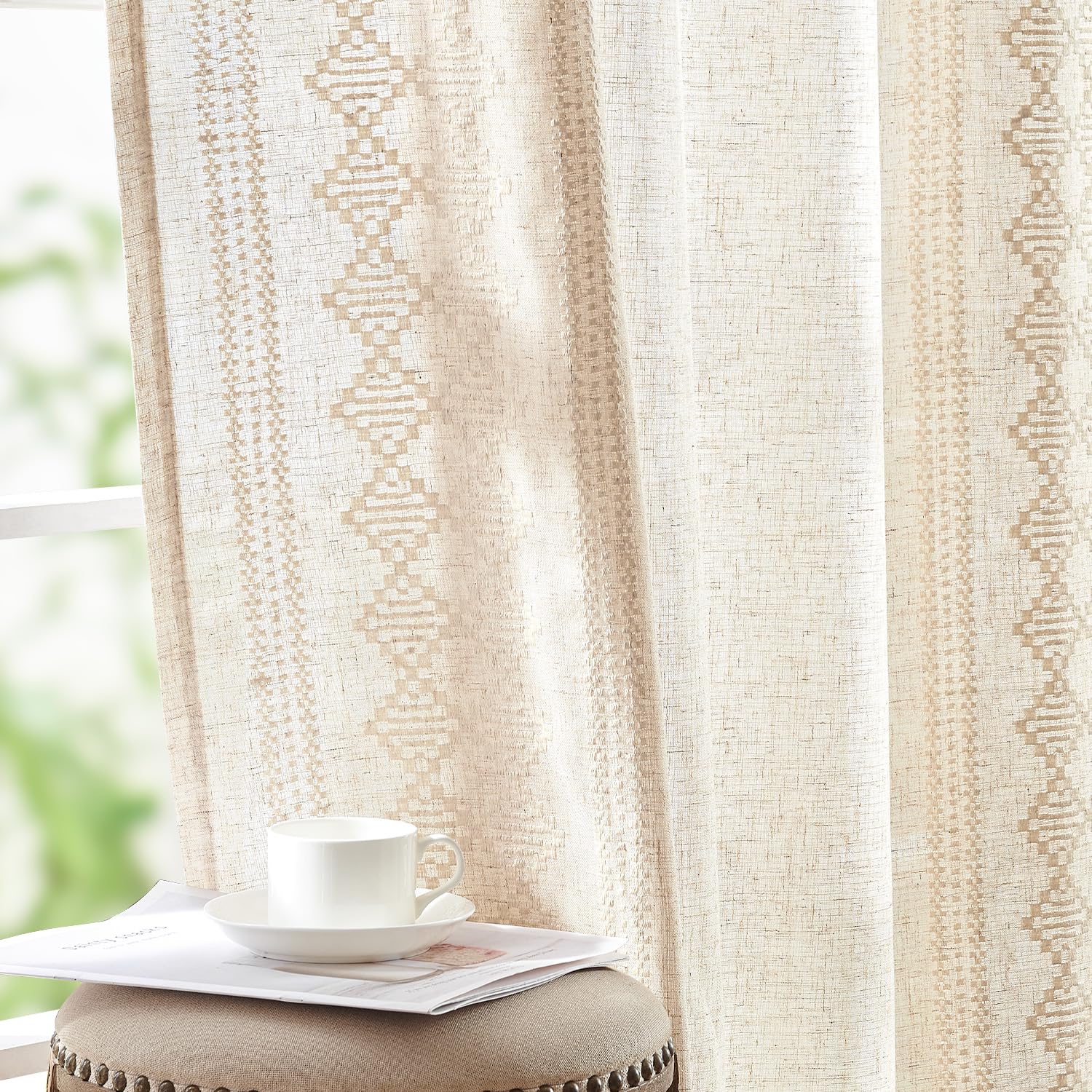 jinchan Weslie Boho Curtains for Bedroom Ivory Vintage Floral Farmhouse Curtains 84 Inches Long Linen Drapes for Living Room Embroidered Light Filtering Drapes Rod Pocket Ivory on Beige 2 Panels