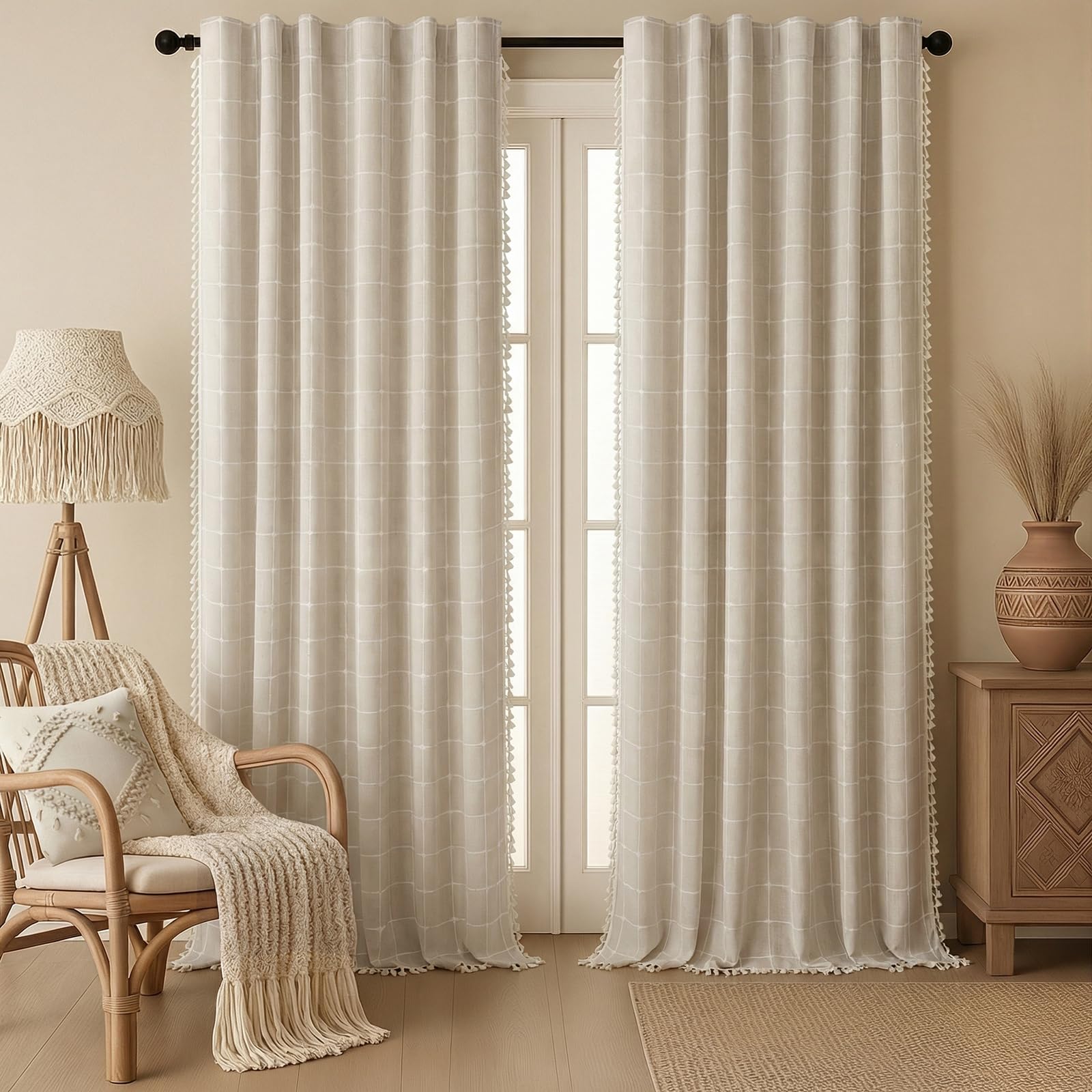 Boho Blackout Curtains 2 Panels 84 Inch for Living Room Bedroom, Beige Linen Texture Farmhouse Curtains with Tassels and Cotton Embroidery Vintage Rustic Western Rod Pocket