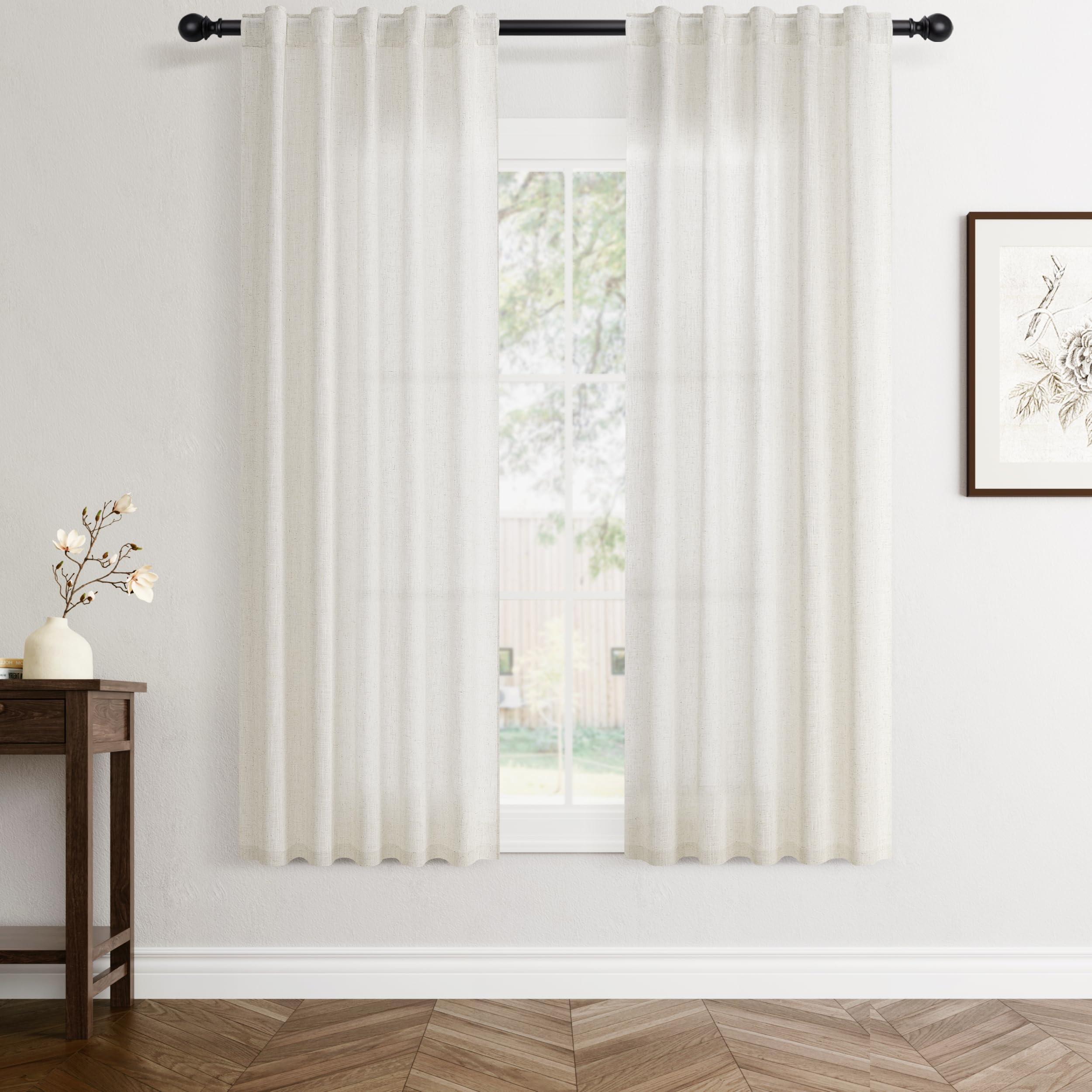 Flax Linen Beige Curtains 96 inches Long 2 Panel for Living Room Back Tab Pocket Drapes Semi Sheer Privacy Khaki Window Curtain Country Rustic Farmhouse Cloth Curtain for Dinning Room Tan