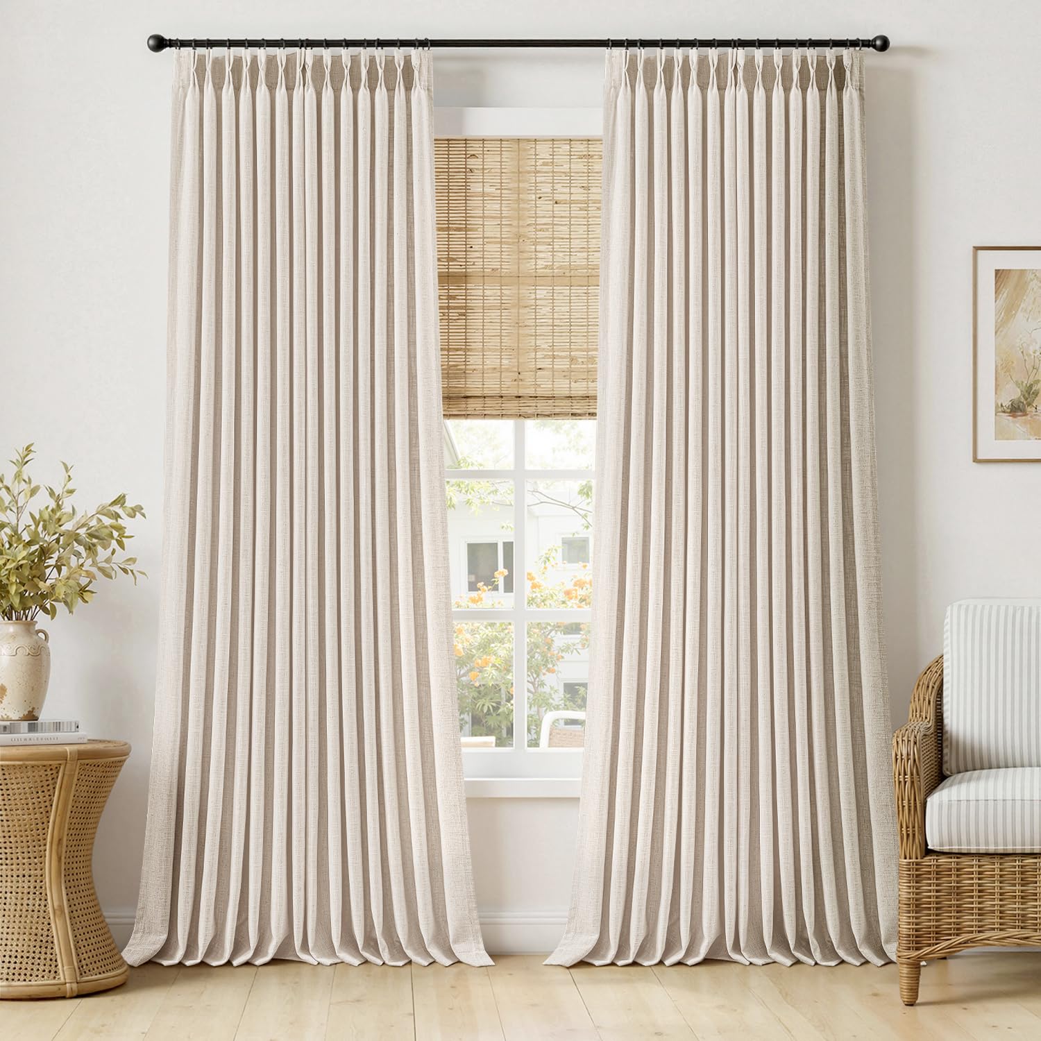 MIULEE Pinch Pleated Thick Linen Curtains 90 Inches Long 2 Panels for Living Room Bedroom, Memory Trained Pinch Pleat Drapes Back Tab Light Filtering Natural Ivory Cream Window Curtains with Hooks
