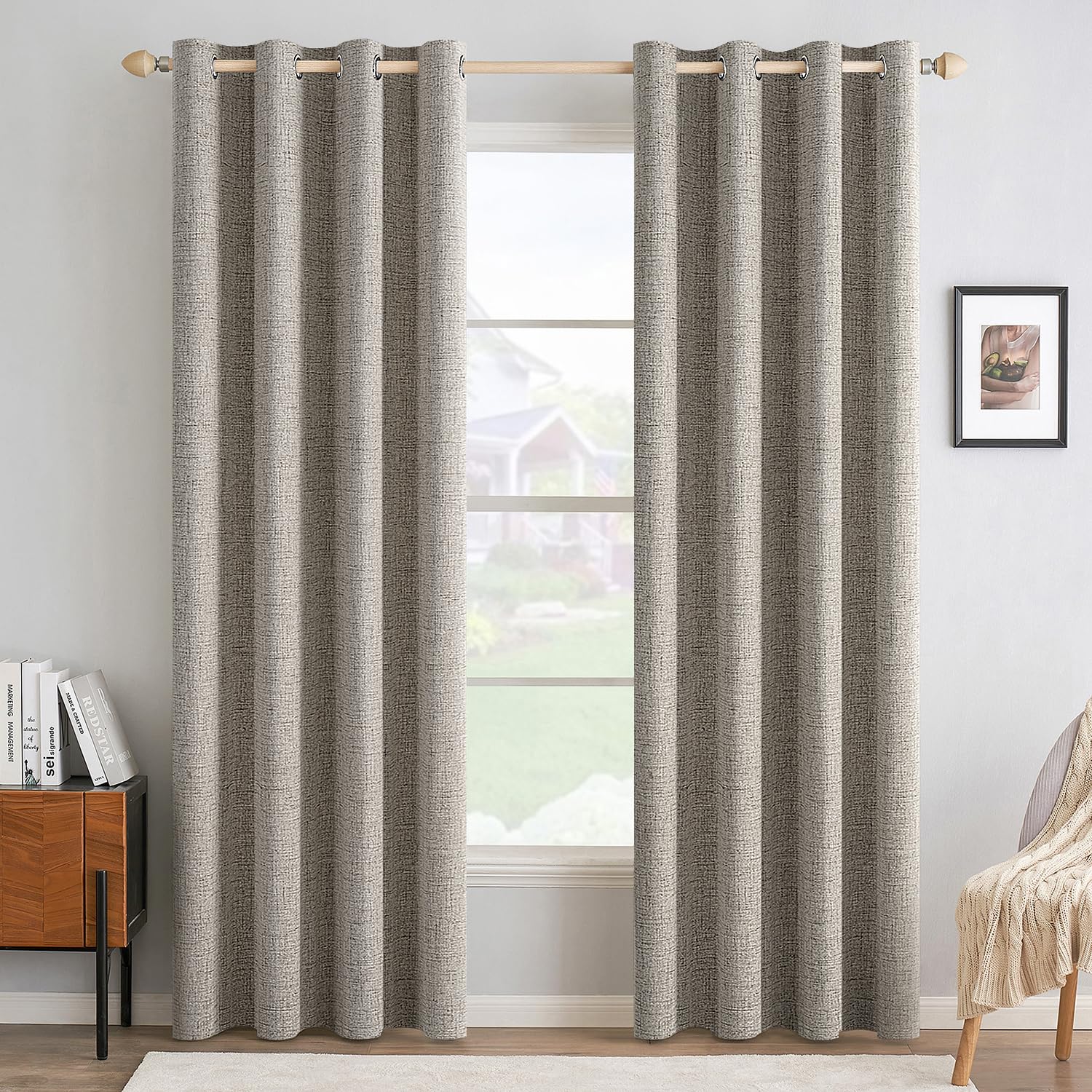 MIULEE 100% Blackout Linen Textured Curtains for Bedroom Solid Thermal Insulated Natural Beige Grommet Room Darkening Curtains & Drapes Luxury Decor for Living Room Nursery 52 x 96 Inch (2 Panels)