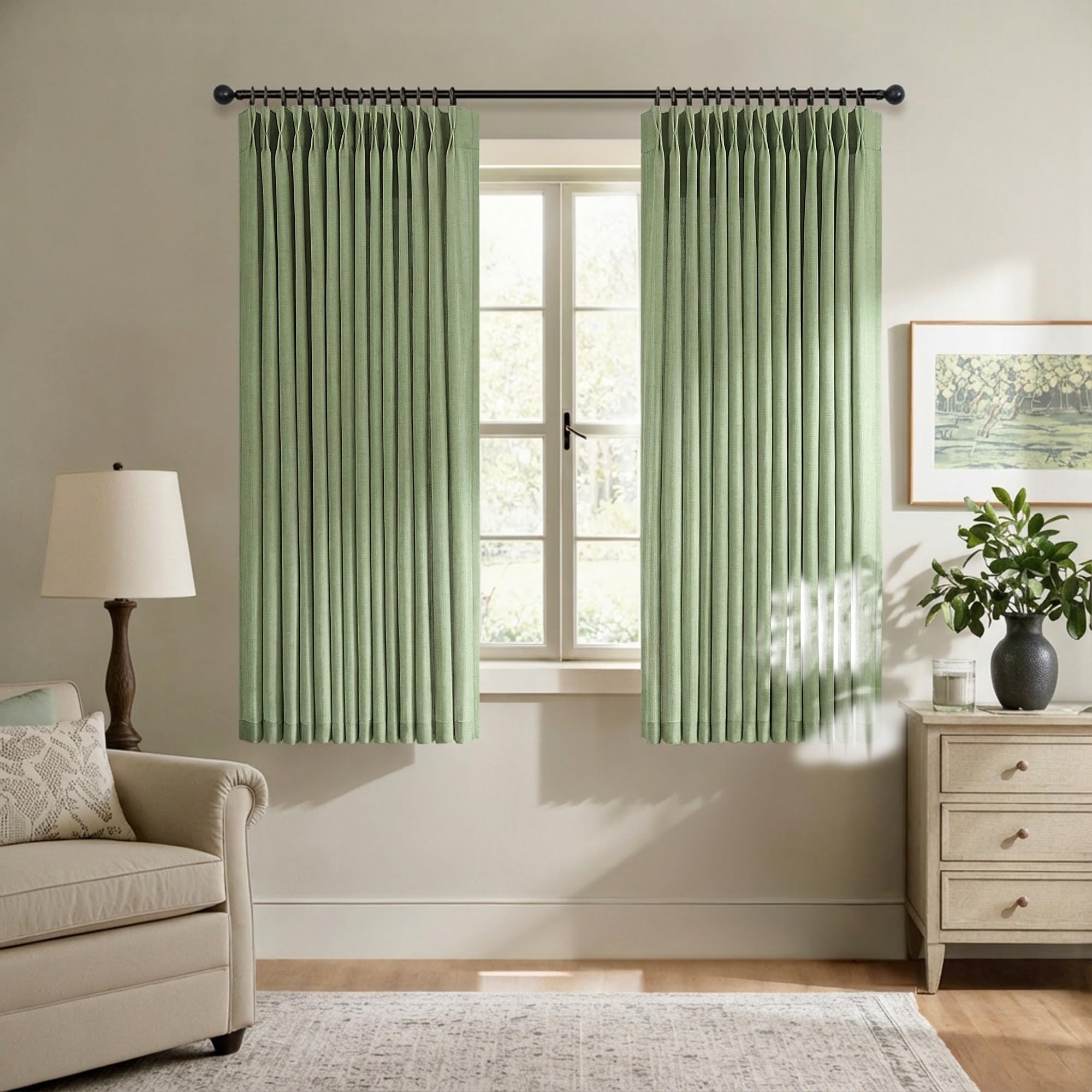 Natural Pinch Pleated Linen Cream Curtains 84 Inch Length 2 Panels for Living Room Bedroom Ivory Semi Sheer Light Filtering Modern Farmhouse Boho Neutral Rustic Long Drapes Back Tab Pleat Hooks Rings