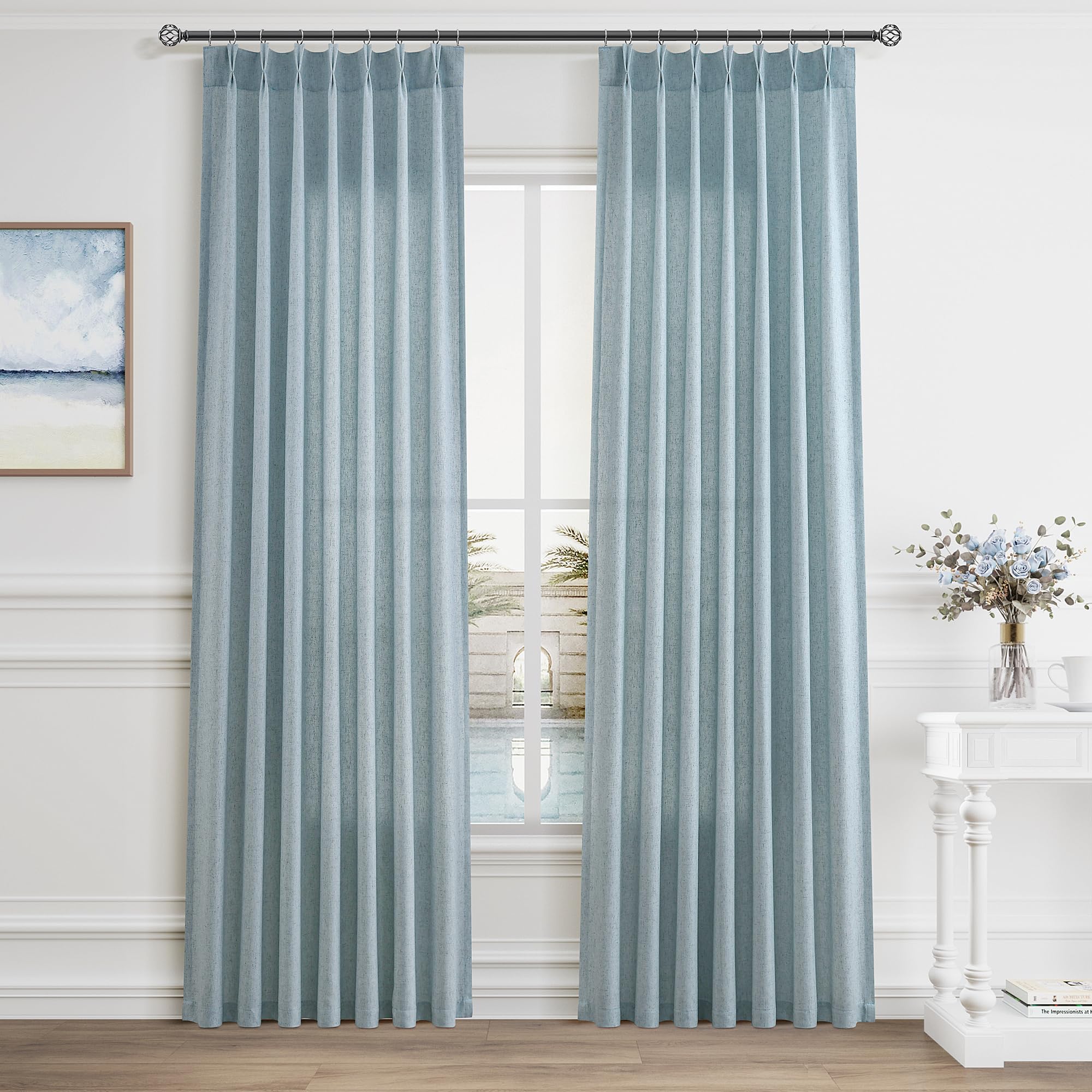 Extra Long Linen Curtains 108 Inch for Living Room Cream Pinch Pleated 9 FT Drapes Semi Sheer Ceiling to Floor Curtain for Bedroom Back Tab Flax Neutral Boho Decor Window, Natural Beige Ivory 2 Panels