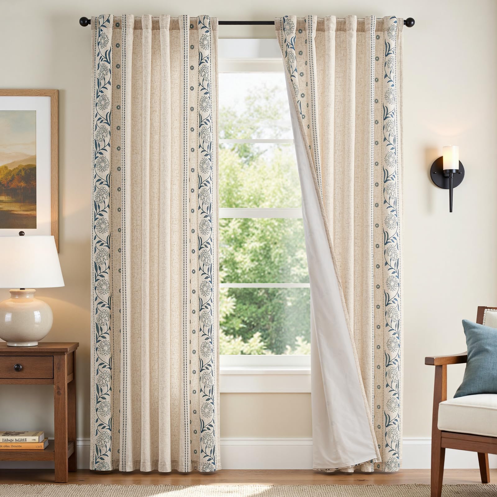 jinchan Winslow Linen Curtains for Bedroom 84 Inches Length Embroidered Bordered Floral Curtains for Living Room Farmhouse Decor Light Filtering Window Treatments Ivory on Beige Drapes 2 Panels