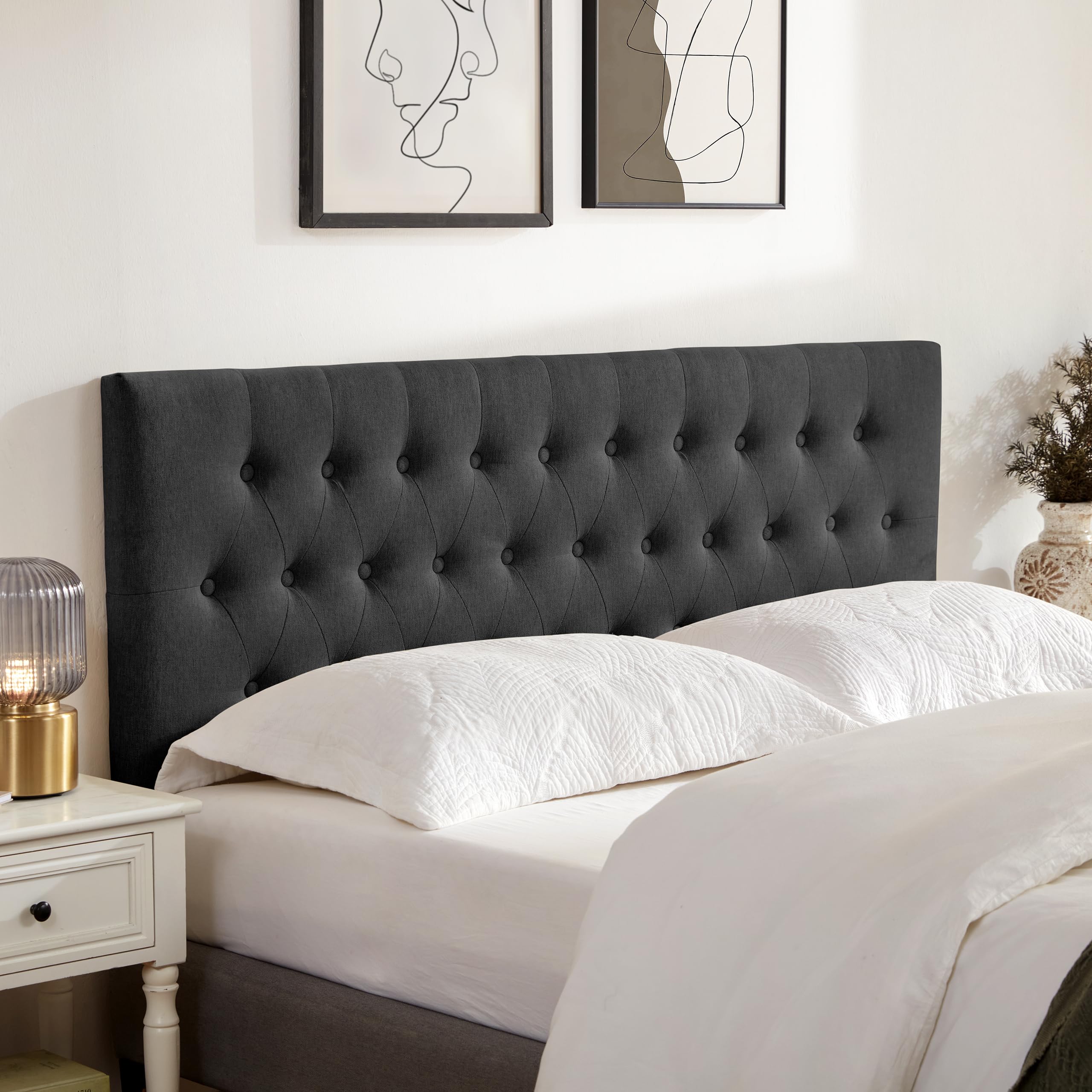 Huatean Home Tufted Upholstered Headboard Queen Size, Solid Wood Head Board with Durable Metal Legs, Adjustable Height Bed headboard from 37” to 51” Fabric Headboard in Modern Button Design, Beige