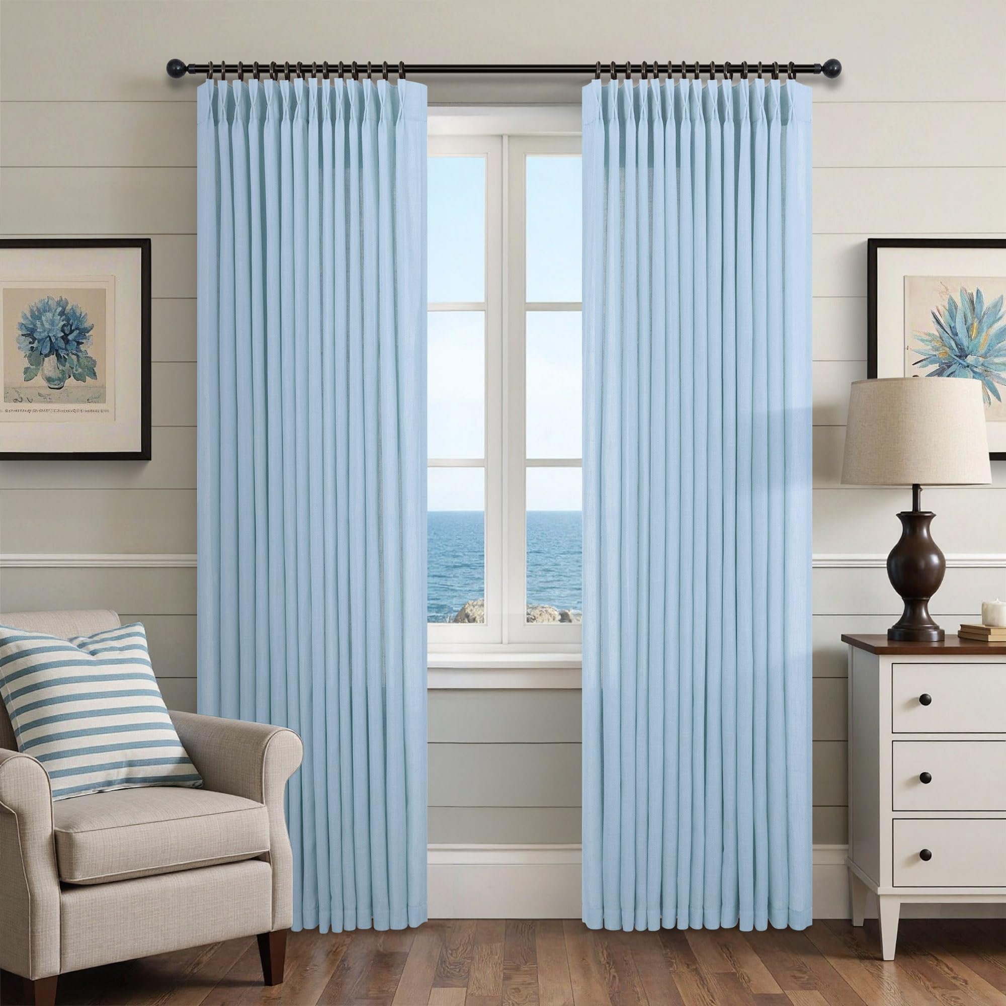 Natural Pinch Pleated Linen Cream Curtains 84 Inch Length 2 Panels for Living Room Bedroom Ivory Semi Sheer Light Filtering Modern Farmhouse Boho Neutral Rustic Long Drapes Back Tab Pleat Hooks Rings