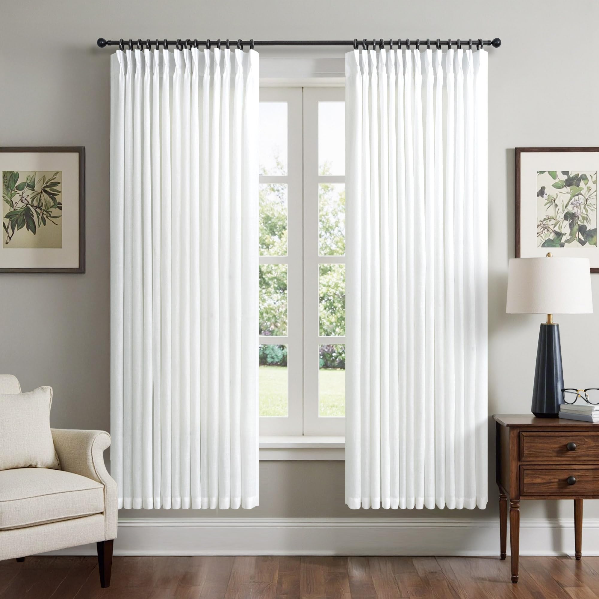 Natural Pinch Pleated Linen Cream Curtains 84 Inch Length 2 Panels for Living Room Bedroom Ivory Semi Sheer Light Filtering Modern Farmhouse Boho Neutral Rustic Long Drapes Back Tab Pleat Hooks Rings