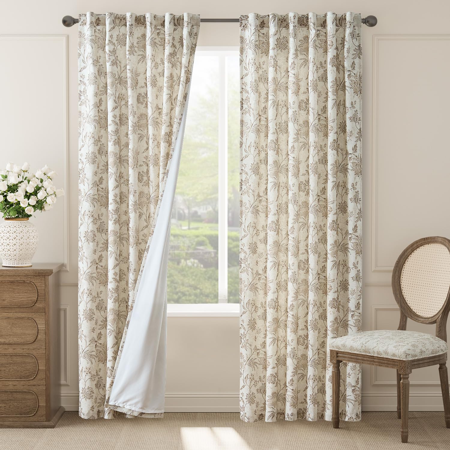 jinchan Linen Floral Curtains for Living Room with Printed Flower 84 Inches Long Light Filtering French Country Back Tab Rod Pocket Taupe Window Curtain Set Farmhouse Drapes 2 Panels Taupe