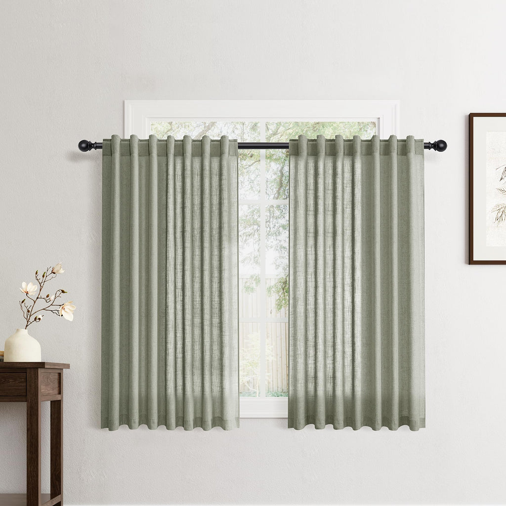 Flax Linen Beige Curtains 96 inches Long 2 Panel for Living Room Back Tab Pocket Drapes Semi Sheer Privacy Khaki Window Curtain Country Rustic Farmhouse Cloth Curtain for Dinning Room Tan