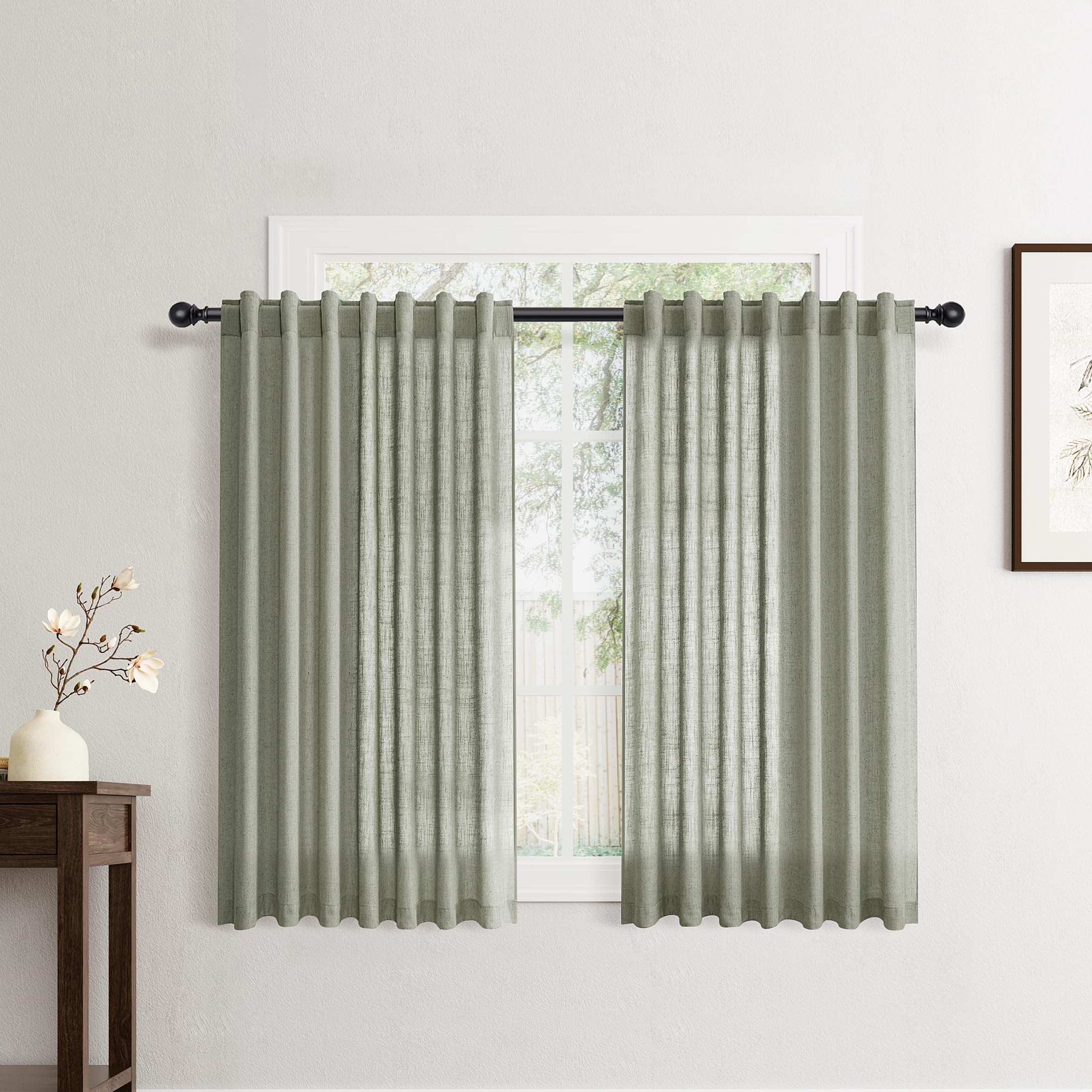 Flax Linen Beige Curtains 96 inches Long 2 Panel for Living Room Back Tab Pocket Drapes Semi Sheer Privacy Khaki Window Curtain Country Rustic Farmhouse Cloth Curtain for Dinning Room Tan
