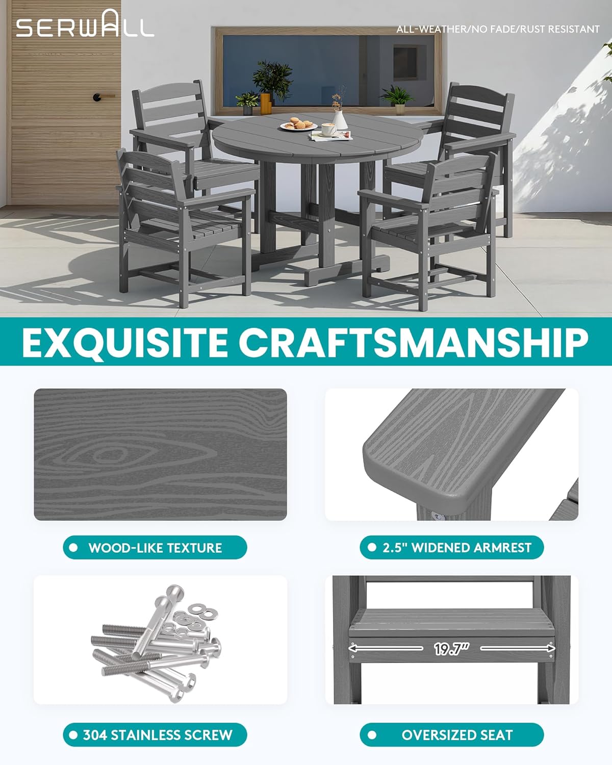 SERWALL 5-Piece Patio Dining Sets, HDPE Outdoor Table and Chairs Furniture Set, 45" Round Dining Table and 4 Dining Chairs, Gray