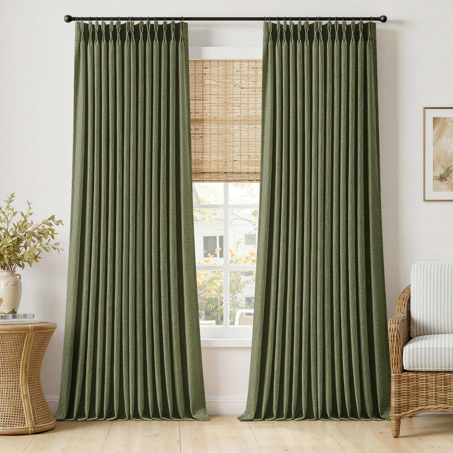 MIULEE Pinch Pleated Thick Linen Curtains 96 Inches Long 2 Panels for Living Room Bedroom, Memory Trained Pleat Drapes Light Filtering Natural Birch Semi Sheer Window Curtains Hooks Rings Back Tab