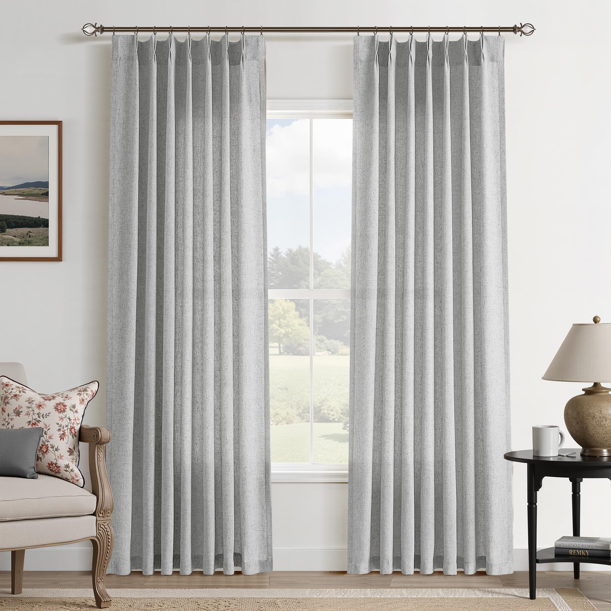 Extra Long Linen Curtains 108 Inch for Living Room Cream Pinch Pleated 9 FT Drapes Semi Sheer Ceiling to Floor Curtain for Bedroom Back Tab Flax Neutral Boho Decor Window, Natural Beige Ivory 2 Panels