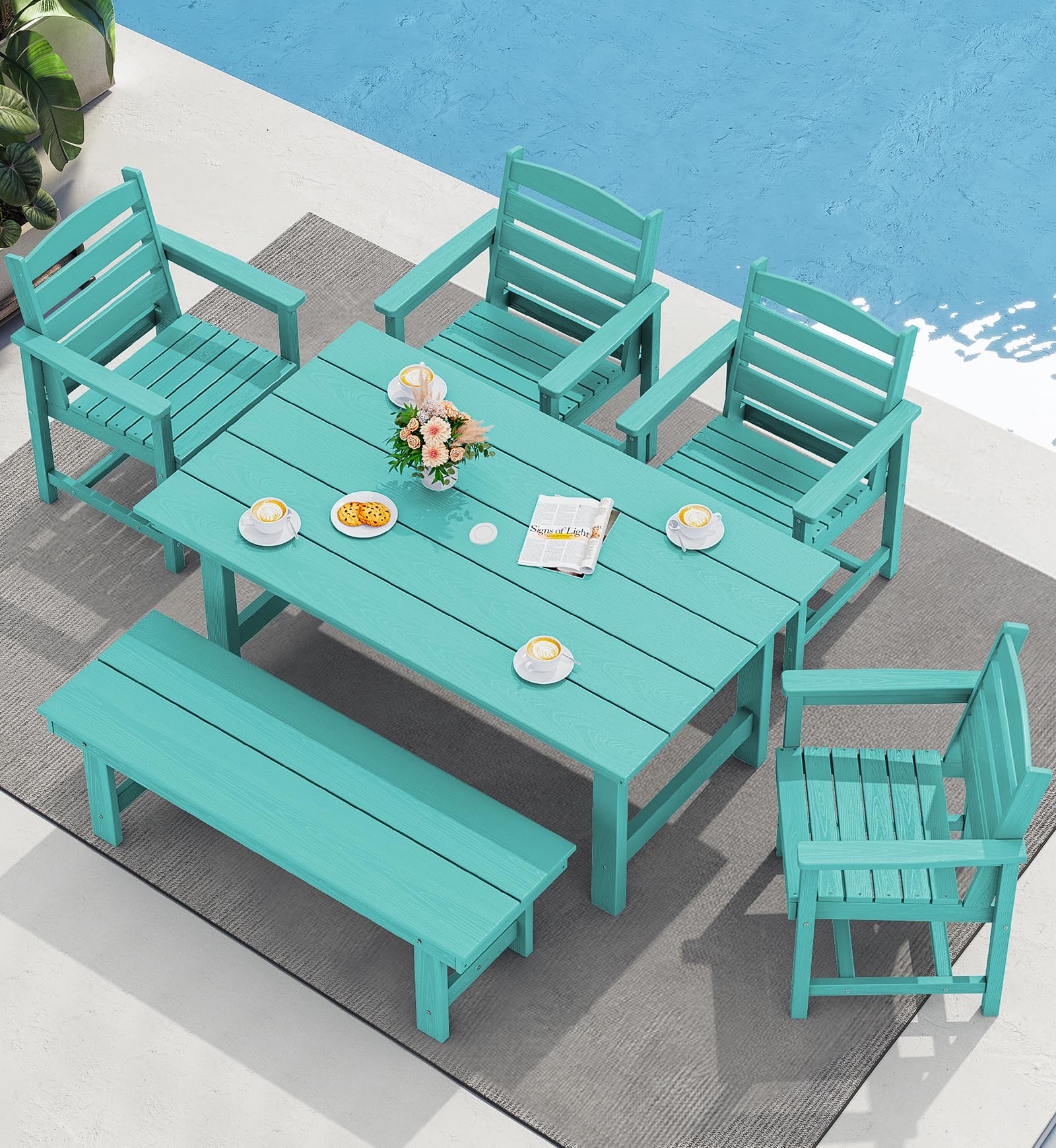 SERWALL Patio Dining Sets for 6 Person, HDPE Dining Set with 6 Armless Chairs, Black