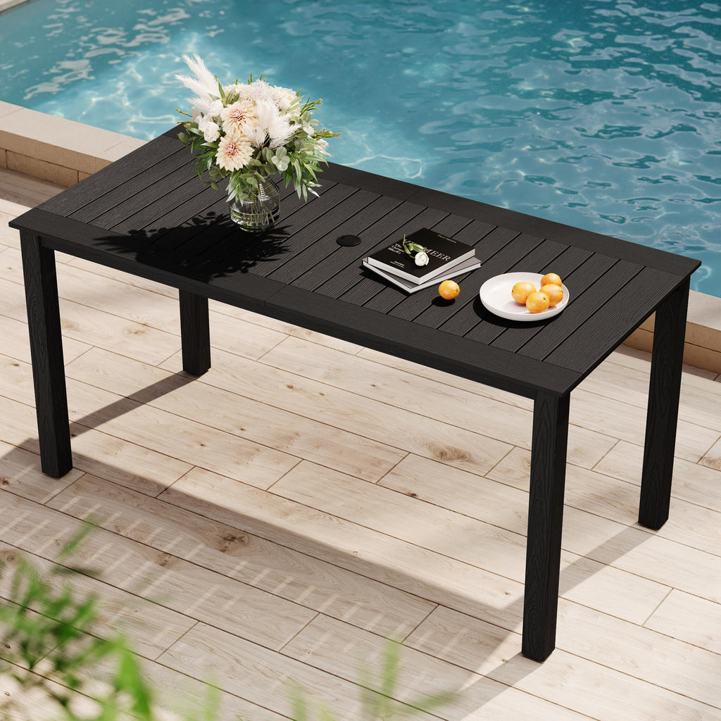 YEFU HIPS Patio Table Set: 7 Piece Outdoor Table and Chairs Dining Furniture Set with Umbrella Hole - Teak Modern Plastic Dining Sets 6 Person for Outside Deck with Metal Aluminum Frame