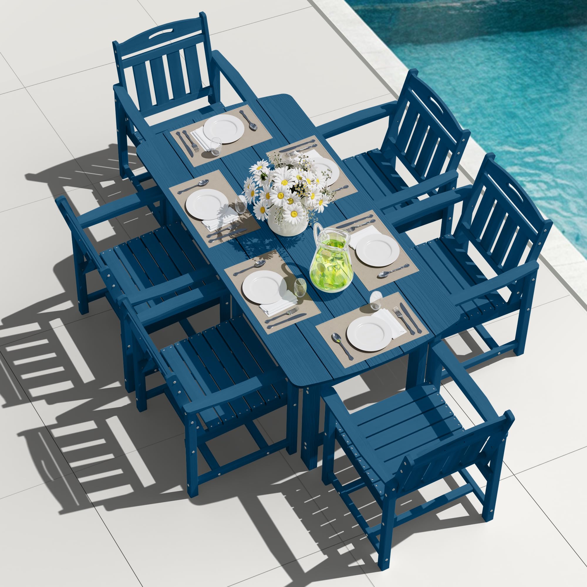 HDPE Outdoor Dining Set, Patio Table and Chairs Set, All-Weather 7-Piece Outside Table and 6 Chairs, 2" Umbrella Hole, Outdoor Furniture for Garden, Poolside, Backyard, Deck | Black