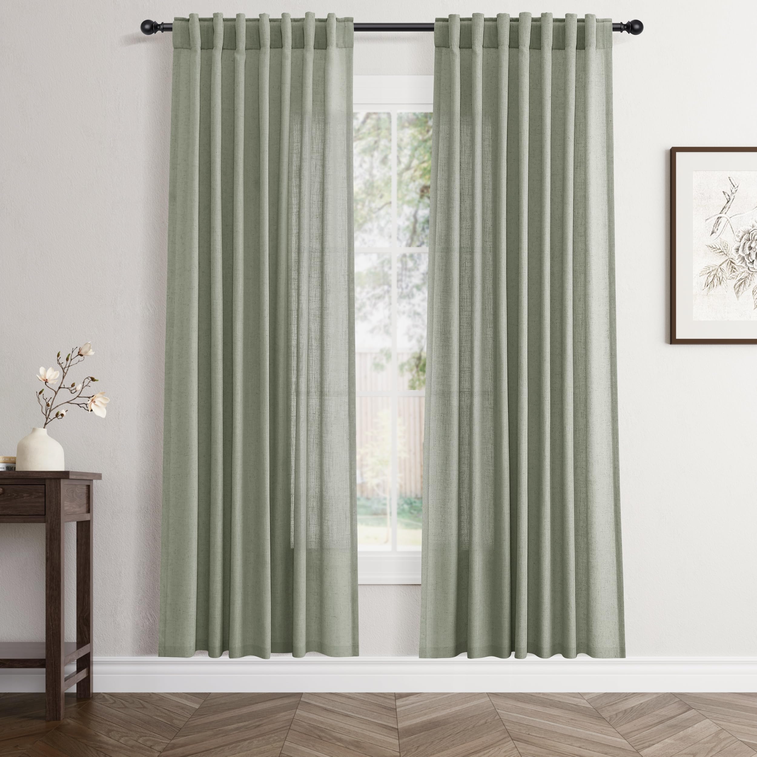 Flax Linen Beige Curtains 96 inches Long 2 Panel for Living Room Back Tab Pocket Drapes Semi Sheer Privacy Khaki Window Curtain Country Rustic Farmhouse Cloth Curtain for Dinning Room Tan