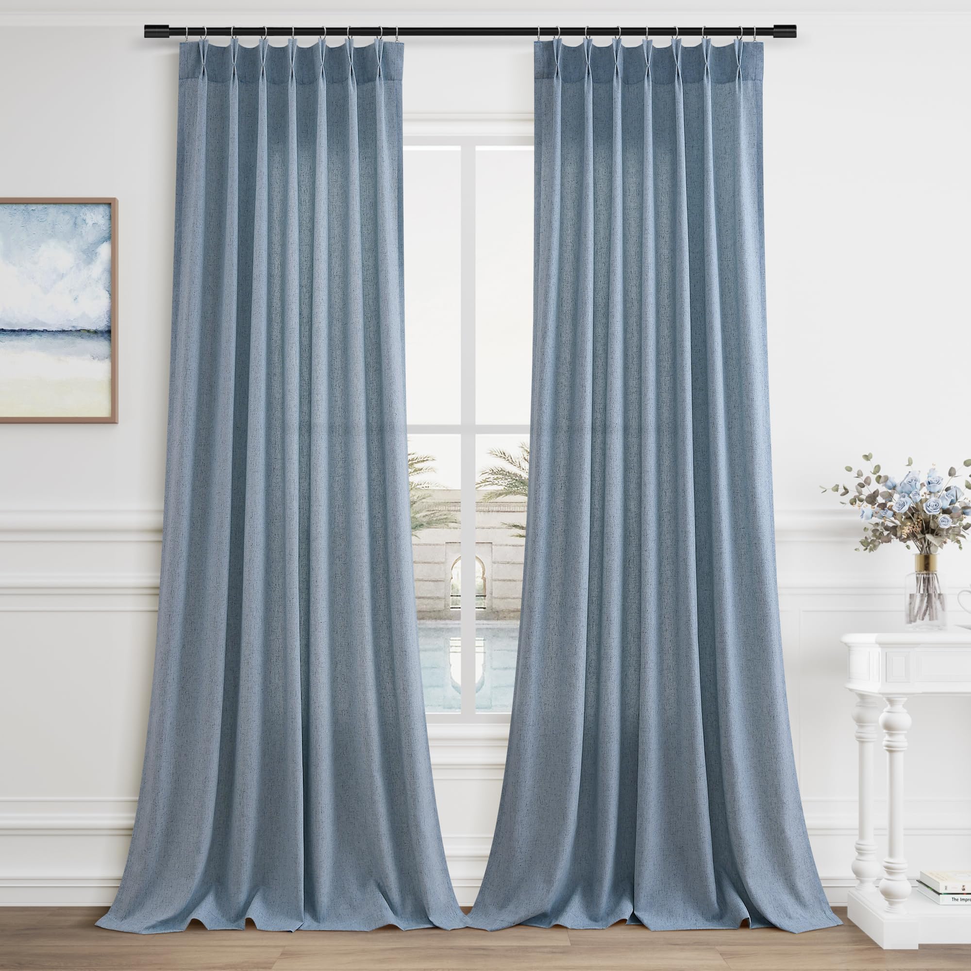 Extra Long Linen Curtains 108 Inch for Living Room Cream Pinch Pleated 9 FT Drapes Semi Sheer Ceiling to Floor Curtain for Bedroom Back Tab Flax Neutral Boho Decor Window, Natural Beige Ivory 2 Panels
