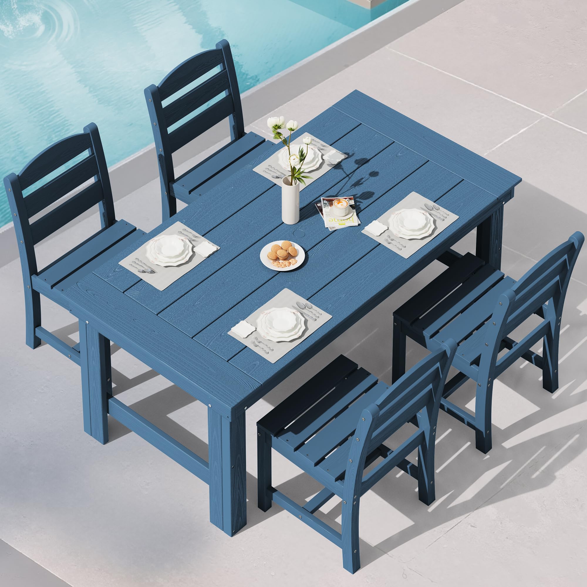 SERWALL Outdoor Dining Set for 4, HDPE Square Table and Chairs Set All Weather Patio Dining Set with 4 Classic Dining Chairs, 5-Piece Patio Dining Furniture for Deck, Brown