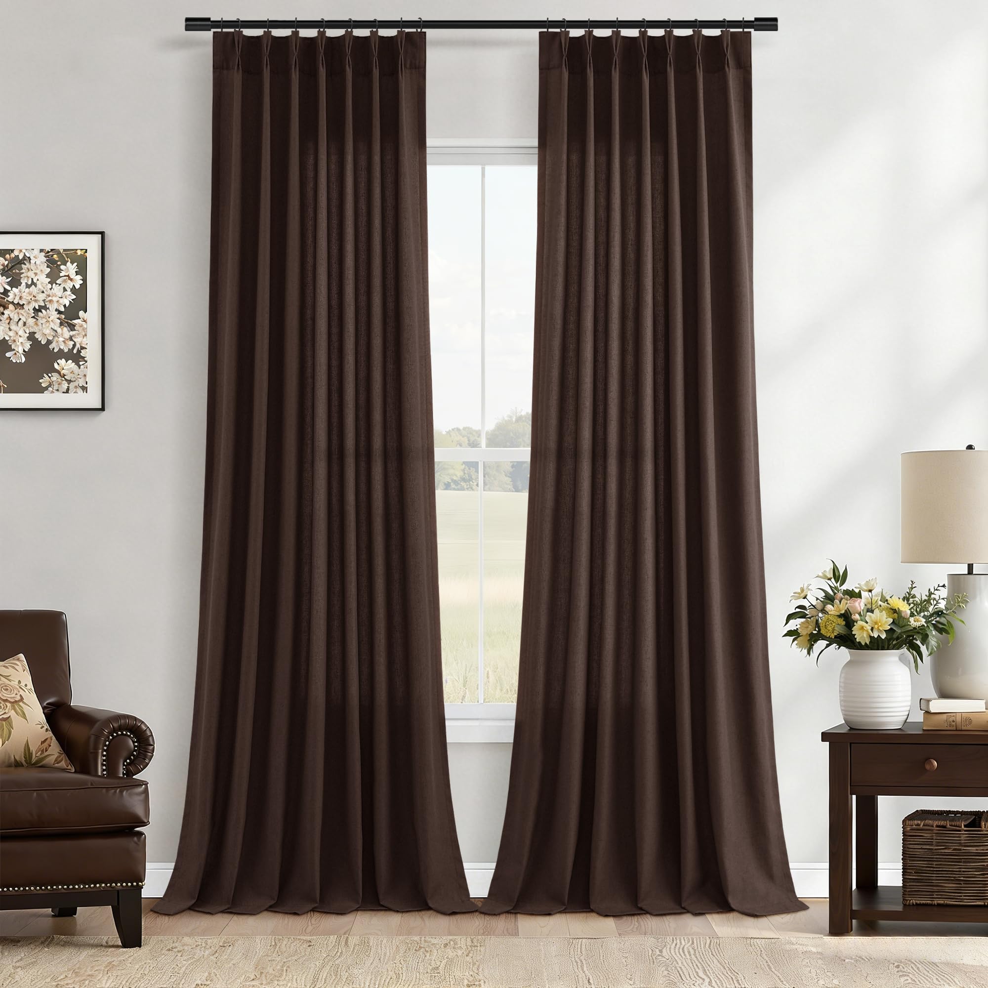 Extra Long Linen Curtains 108 Inch for Living Room Cream Pinch Pleated 9 FT Drapes Semi Sheer Ceiling to Floor Curtain for Bedroom Back Tab Flax Neutral Boho Decor Window, Natural Beige Ivory 2 Panels