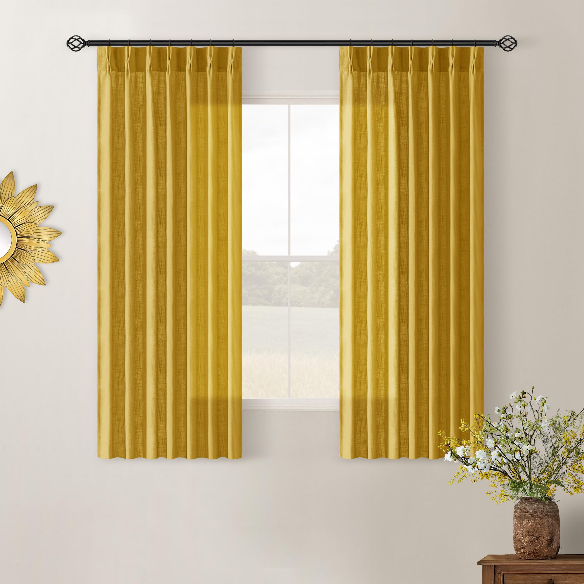 Pinch Pleated Linen Curtains 108 Inches Long for Living Room 2 Panels Set Cream Ivory Flax Double Pleated Drapes Back Tab Neutral Boho Ceiling Floor 108 Inch Window Curtains Bedroom Natural Birch