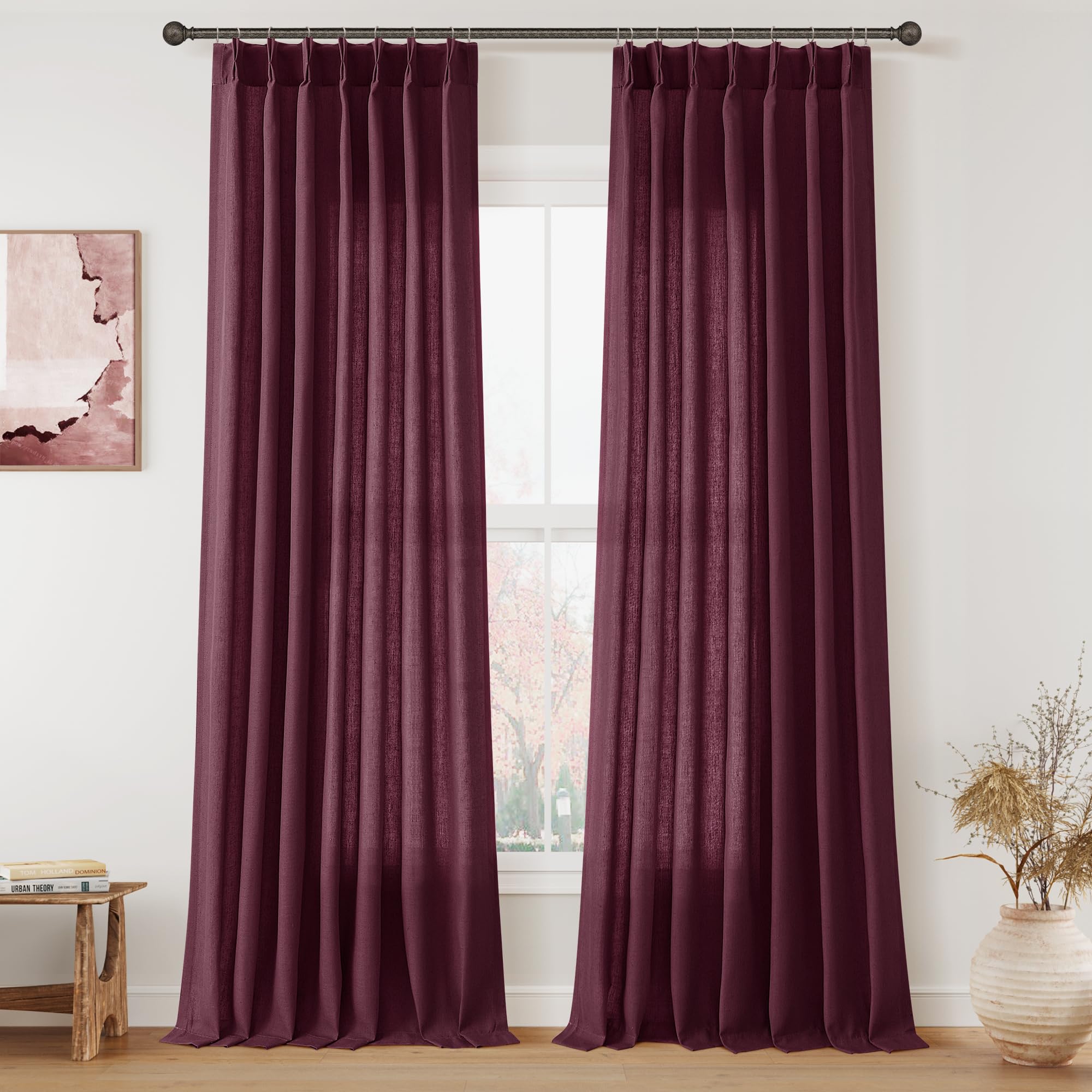 Extra Long Linen Curtains 108 Inch for Living Room Cream Pinch Pleated 9 FT Drapes Semi Sheer Ceiling to Floor Curtain for Bedroom Back Tab Flax Neutral Boho Decor Window, Natural Beige Ivory 2 Panels