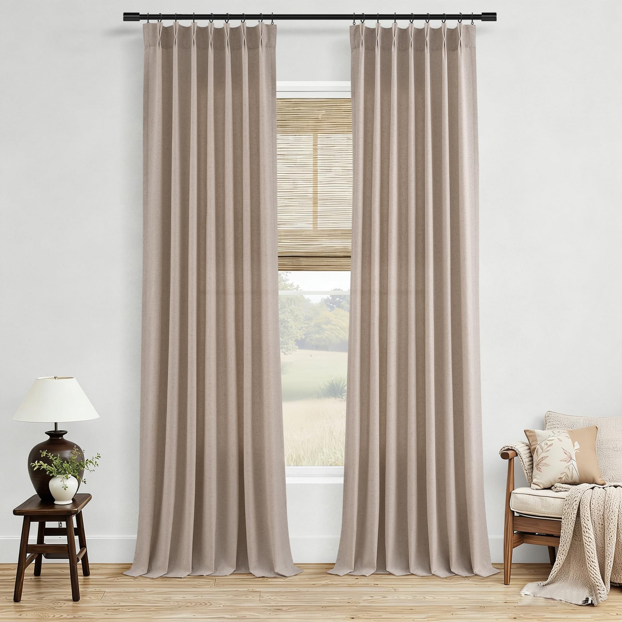 Extra Long Linen Curtains 108 Inch for Living Room Cream Pinch Pleated 9 FT Drapes Semi Sheer Ceiling to Floor Curtain for Bedroom Back Tab Flax Neutral Boho Decor Window, Natural Beige Ivory 2 Panels