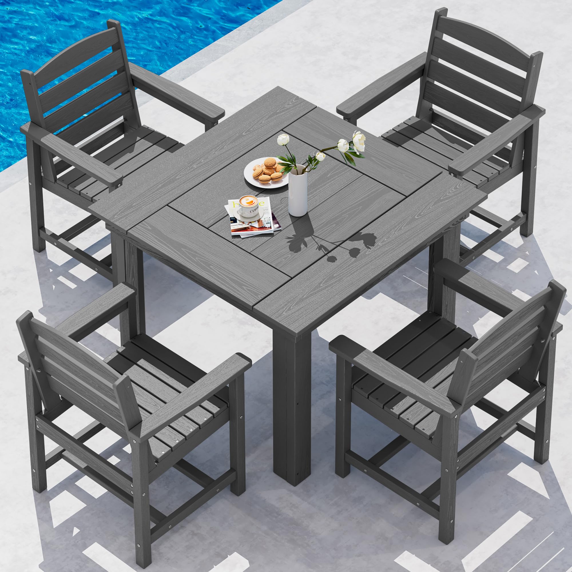 SERWALL Outdoor Dining Set for 4, HDPE Square Table and Chairs Set All Weather Patio Dining Set with 4 Classic Dining Chairs, 5-Piece Patio Dining Furniture for Deck, Brown