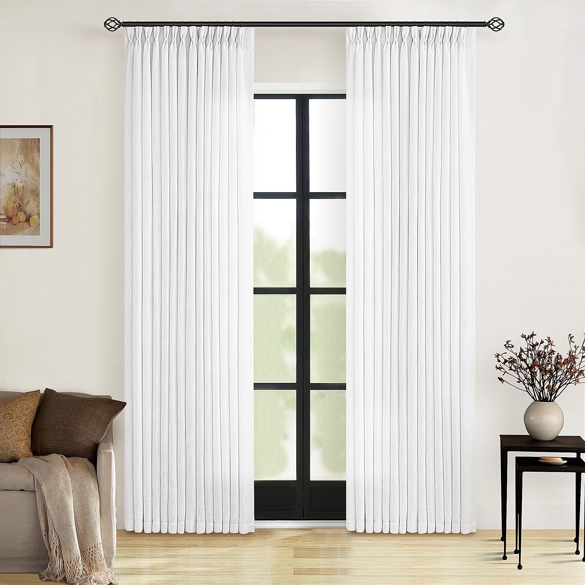 Pinch Pleated Linen Curtains 108 Inches Long for Living Room 2 Panels Set Cream Ivory Flax Double Pleated Drapes Back Tab Neutral Boho Ceiling Floor 108 Inch Window Curtains Bedroom Natural Birch