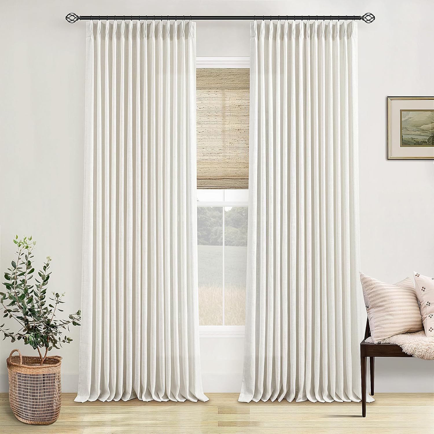 Pinch Pleated Linen Curtains 108 Inches Long for Living Room 2 Panels Set Cream Ivory Flax Double Pleated Drapes Back Tab Neutral Boho Ceiling Floor 108 Inch Window Curtains Bedroom Natural Birch