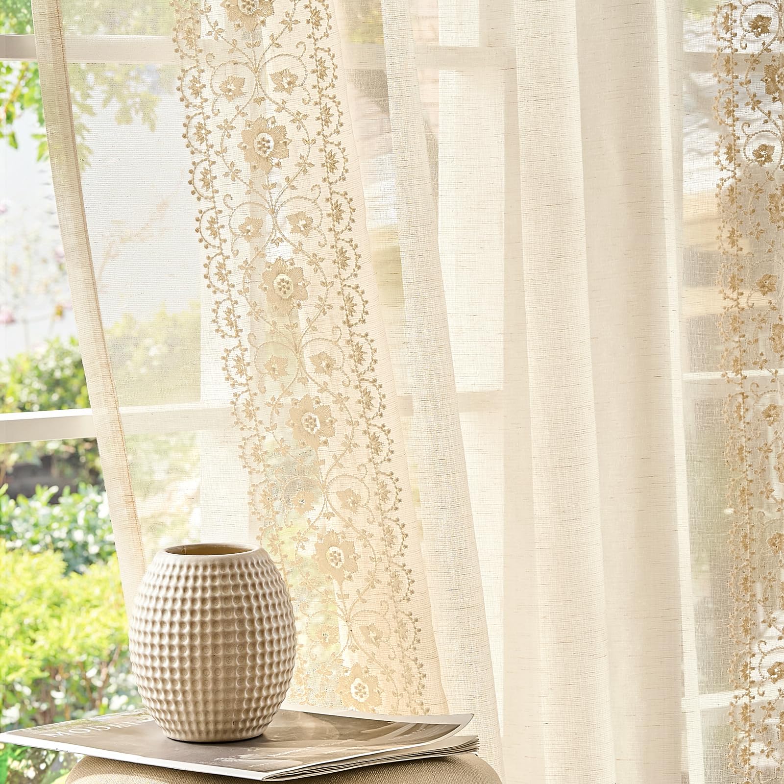 jinchan Weslie Boho Curtains for Bedroom Ivory Vintage Floral Farmhouse Curtains 84 Inches Long Linen Drapes for Living Room Embroidered Light Filtering Drapes Rod Pocket Ivory on Beige 2 Panels