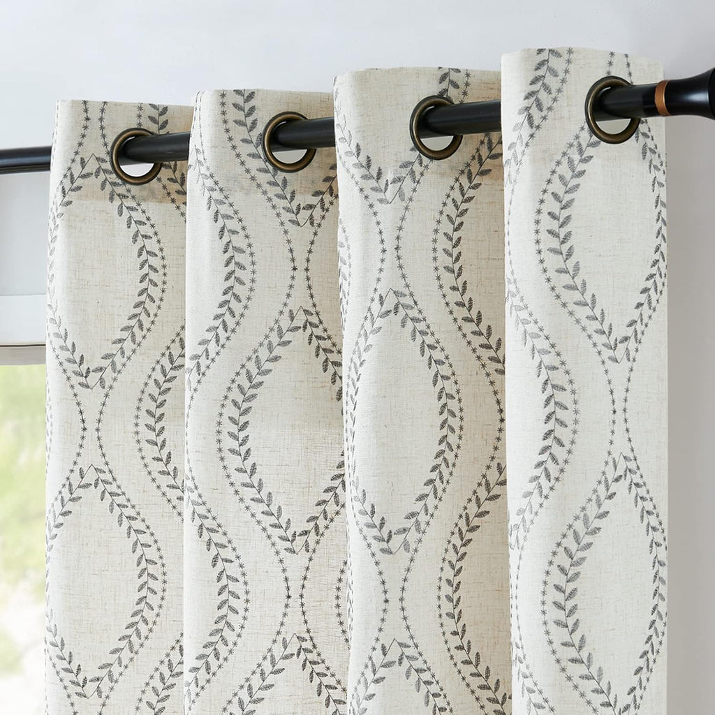 jinchan Boho Linen Blend Curtains Beige Farmhouse Curtains 84 Inches Long Grey Embroidered Leaf Living Room Ogee Geometry Drapes Light Filtering Grommet Country Drapes 2 Panels Gray on Flax