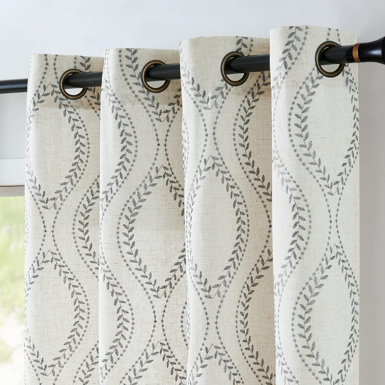 jinchan Boho Linen Blend Curtains Beige Farmhouse Curtains 84 Inches Long Grey Embroidered Leaf Living Room Ogee Geometry Drapes Light Filtering Grommet Country Drapes 2 Panels Gray on Flax