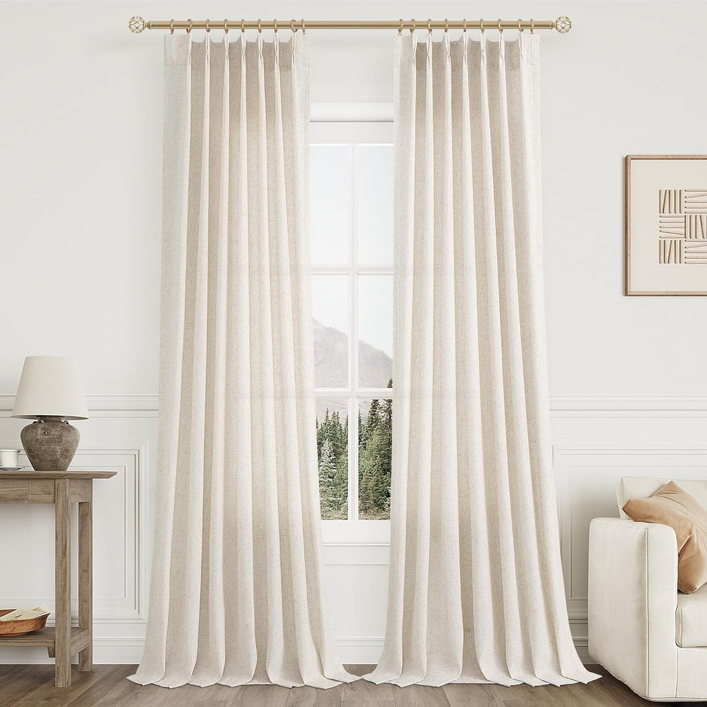 Extra Long Linen Curtains 108 Inch for Living Room Cream Pinch Pleated 9 FT Drapes Semi Sheer Ceiling to Floor Curtain for Bedroom Back Tab Flax Neutral Boho Decor Window, Natural Beige Ivory 2 Panels