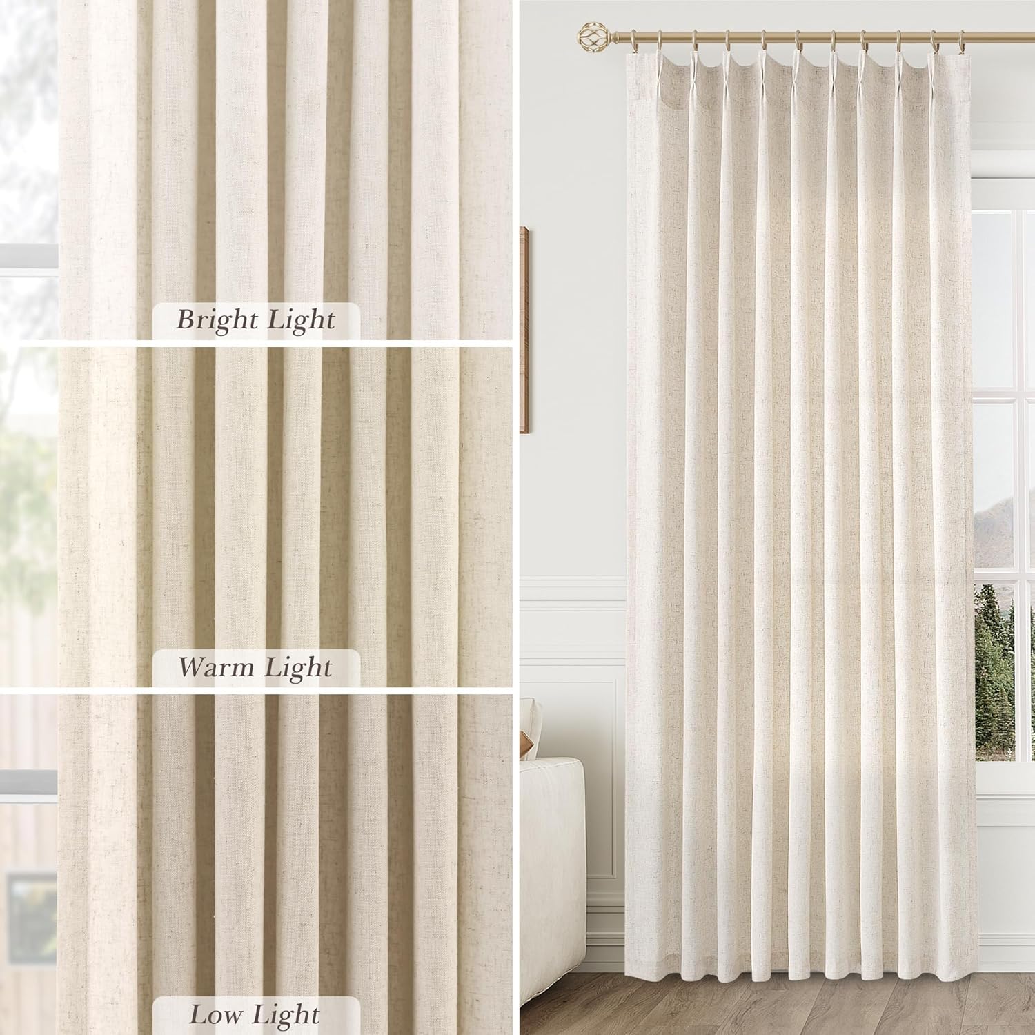 Extra Long Linen Curtains 108 Inch for Living Room Cream Pinch Pleated 9 FT Drapes Semi Sheer Ceiling to Floor Curtain for Bedroom Back Tab Flax Neutral Boho Decor Window, Natural Beige Ivory 2 Panels