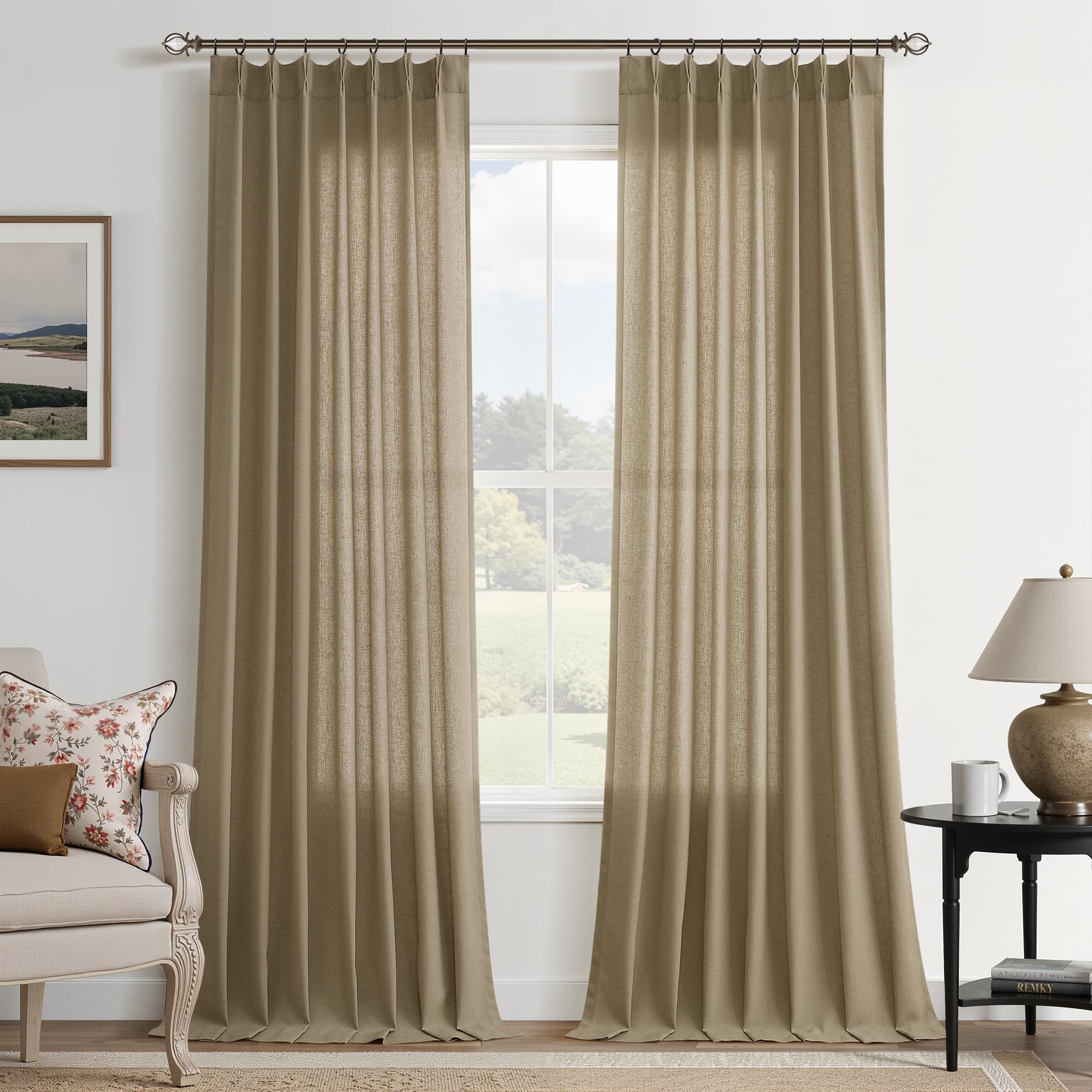 Extra Long Linen Curtains 108 Inch for Living Room Cream Pinch Pleated 9 FT Drapes Semi Sheer Ceiling to Floor Curtain for Bedroom Back Tab Flax Neutral Boho Decor Window, Natural Beige Ivory 2 Panels