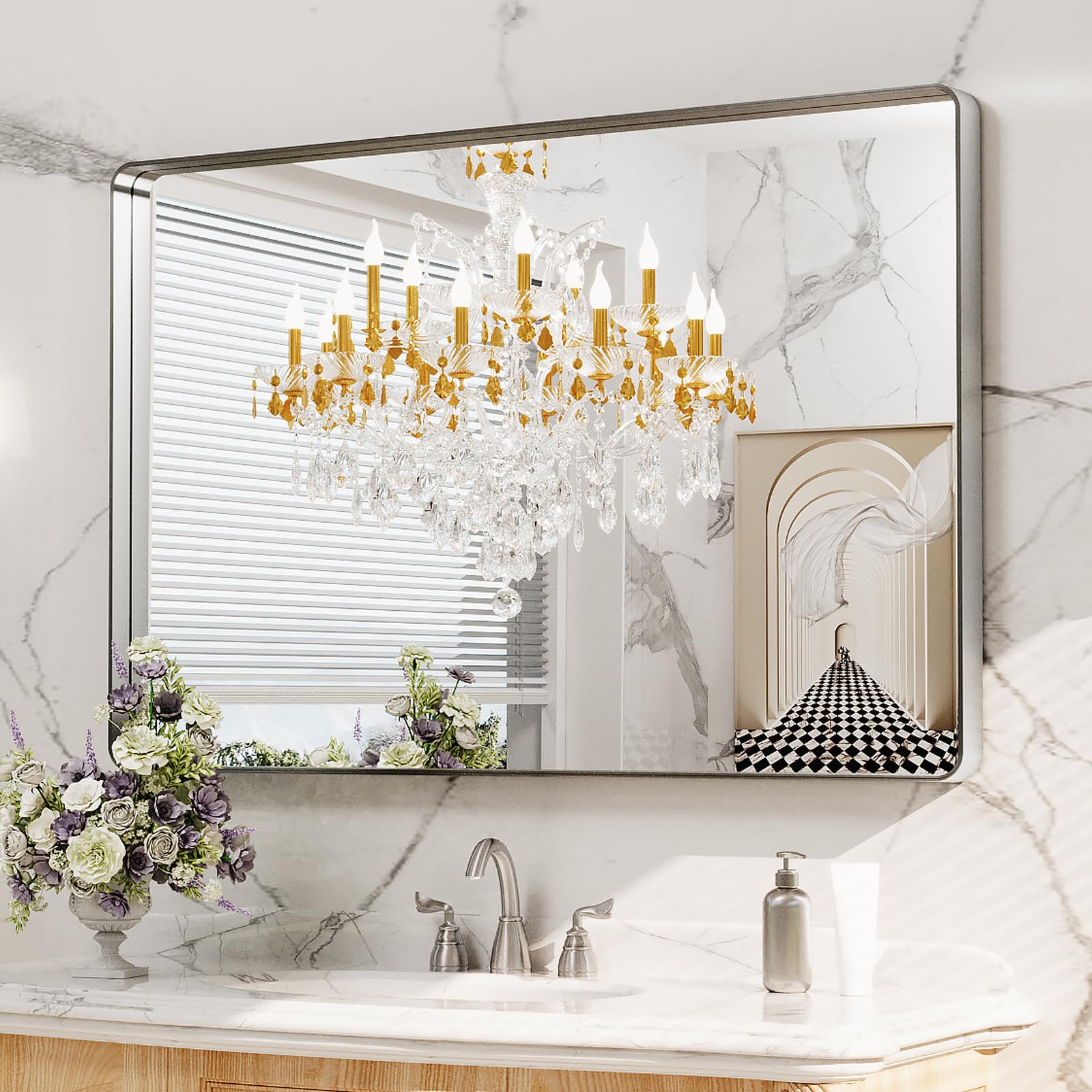 LOAAO Black Metal Framed Bathroom Mirror for Wall, 22X30 Inch Rounded Rectangle Mirror, Matte Black Bathroom Vanity Mirror Farmhouse, Anti-Rust, Hangs Horizontally or Vertically